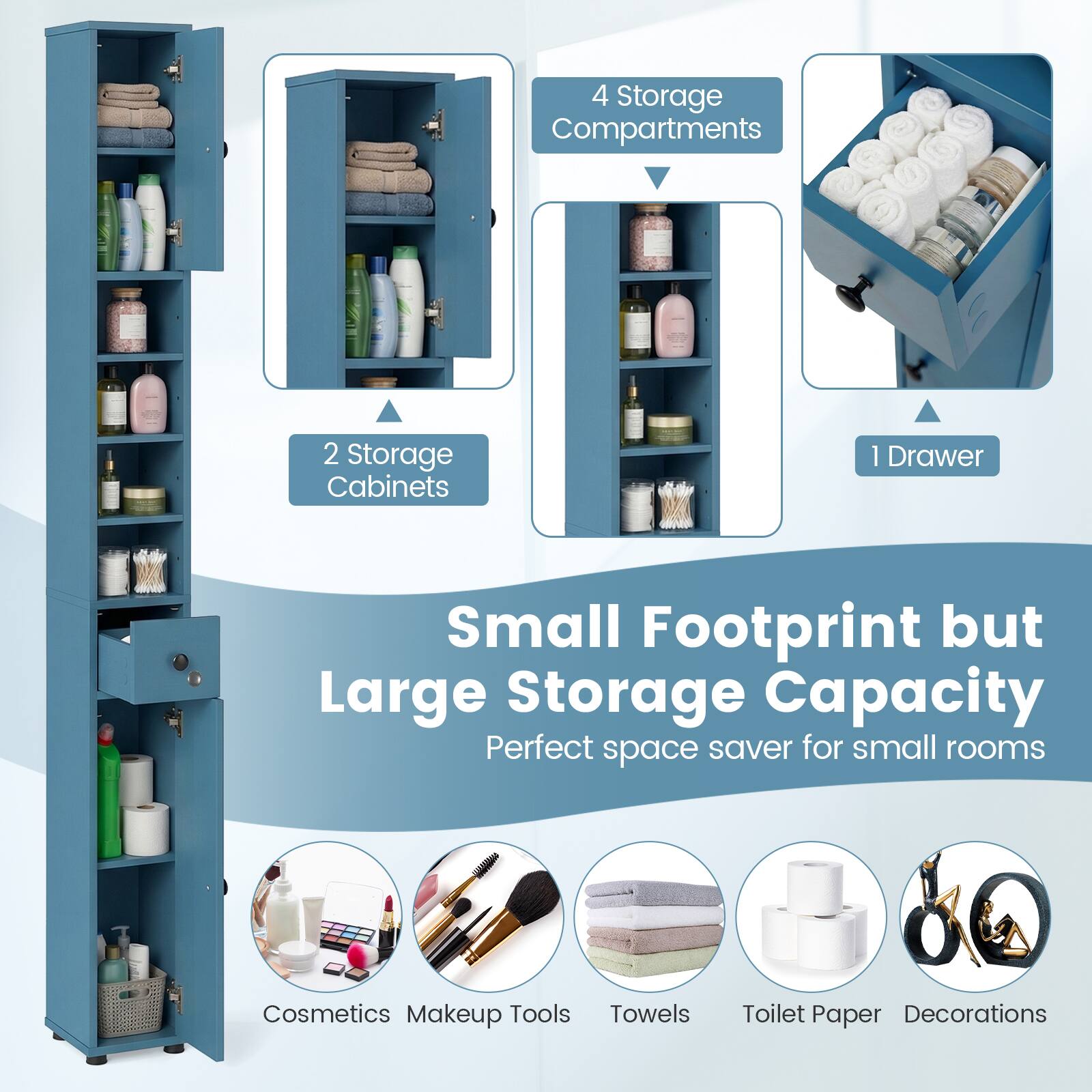 4 Storage Compartments  
2 Storage Cabinets  
1 Drawer  

Small Footprint but Large Storage Capacity  
Perfect space saver for small rooms  

Cosmetics  
Makeup Tools  
Towels  
Toilet Paper  
Decorations
