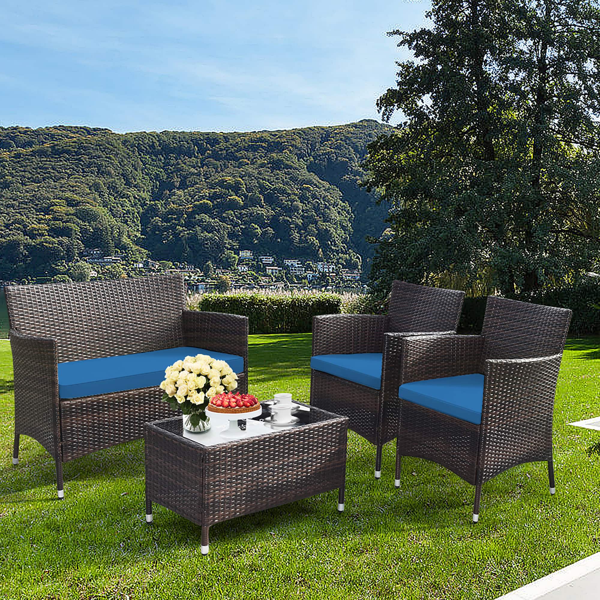 Gymax - 4PCS Patio Rattan Conversation Furniture Set Outdoor w/ Cushion - Peacock Blue price history on PriceWatchPro