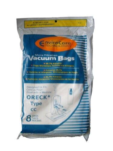 A MUST FOR ALLERGY SUFFERERS  
EnviroCare Technologies Micro Filtration Vacuum Bags  
99.7% Filtration Traps Microscopic and Allergens  
91.7% Particules et Microscopiques de Piagks  
99.7% Particulas Alergnicos de Dealies  
Designed to Fit:  
Concus Pour:  
Diseñado a Medida:  
ORECK*  
Type CC  
8 BAGS  
SACS  
BOLSAS