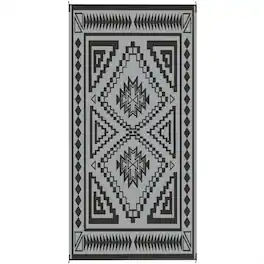 HTUTWOO - 9' x 18' Outdoor Reversible Rug - Waterproof Plastic Straw Patio Mat with Carry Bag, Foldable Camping Carpet - Black Grey