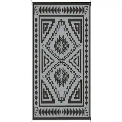 Front. HTUTWOO - 9' x 18' Outdoor Reversible Rug - Waterproof Plastic Straw Patio Mat with Carry Bag, Foldable Camping Carpet - Black Grey.