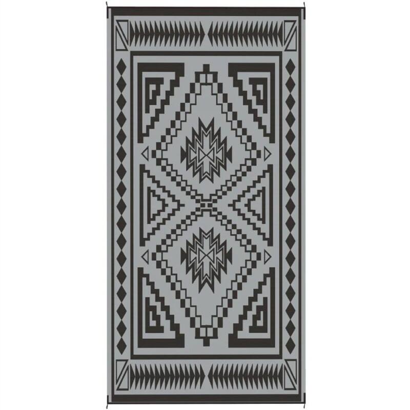 Front. HTUTWOO - 9' x 18' Outdoor Reversible Rug - Waterproof Plastic Straw Patio Mat with Carry Bag, Foldable Camping Carpet - Black Grey.