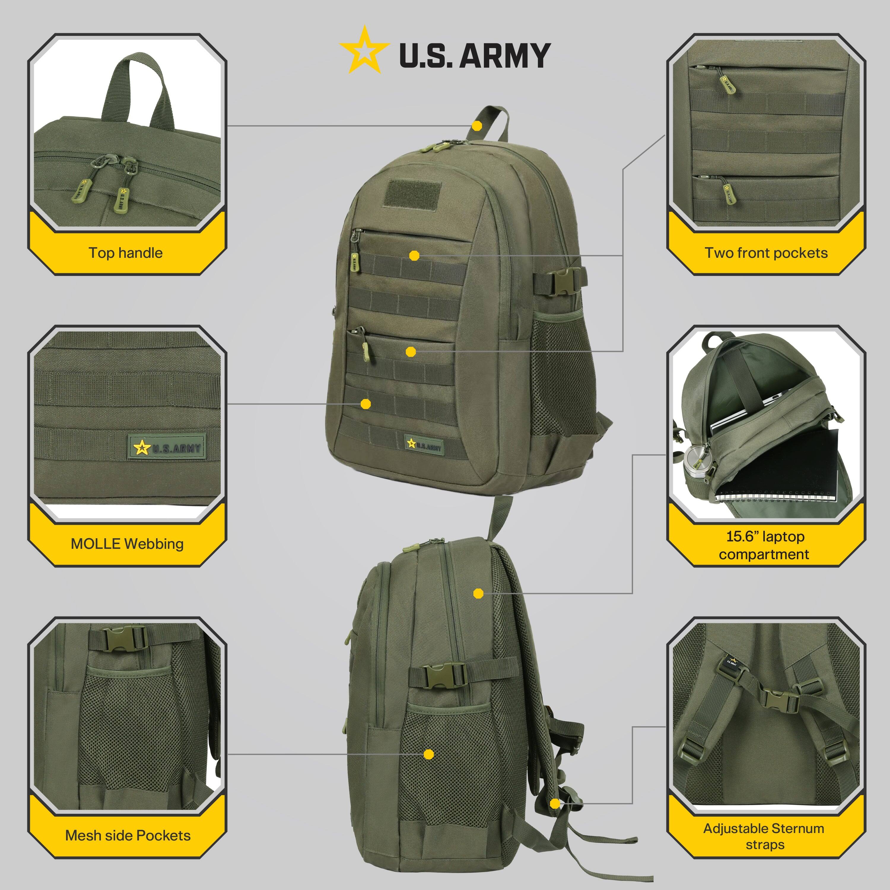 U.S. ARMY

- Top handle
- Two front pockets
- MOLLE Webbing
- Mesh side Pockets
- 15.6" laptop compartment
- Adjustable Sternum straps