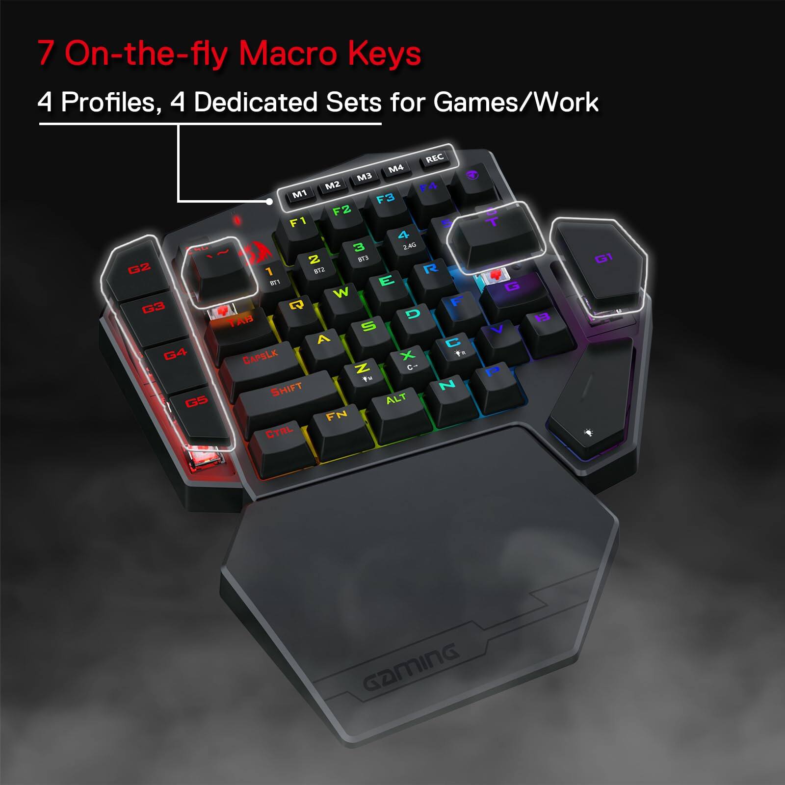 7 On-the-fly Macro Keys  
4 Profiles, 4 Dedicated Sets for Games/Work  

G2 G3 G4 GS  
REC M4 M3 M2 M1  
F3 F2 F1  
4 3 2.4G 1  
S7e R T Y U I O P  
Q W E R T A S D F G H J K L  
Z X C V B N M , . /  
CAPSLK SHIFT ALT CTRL  
G1