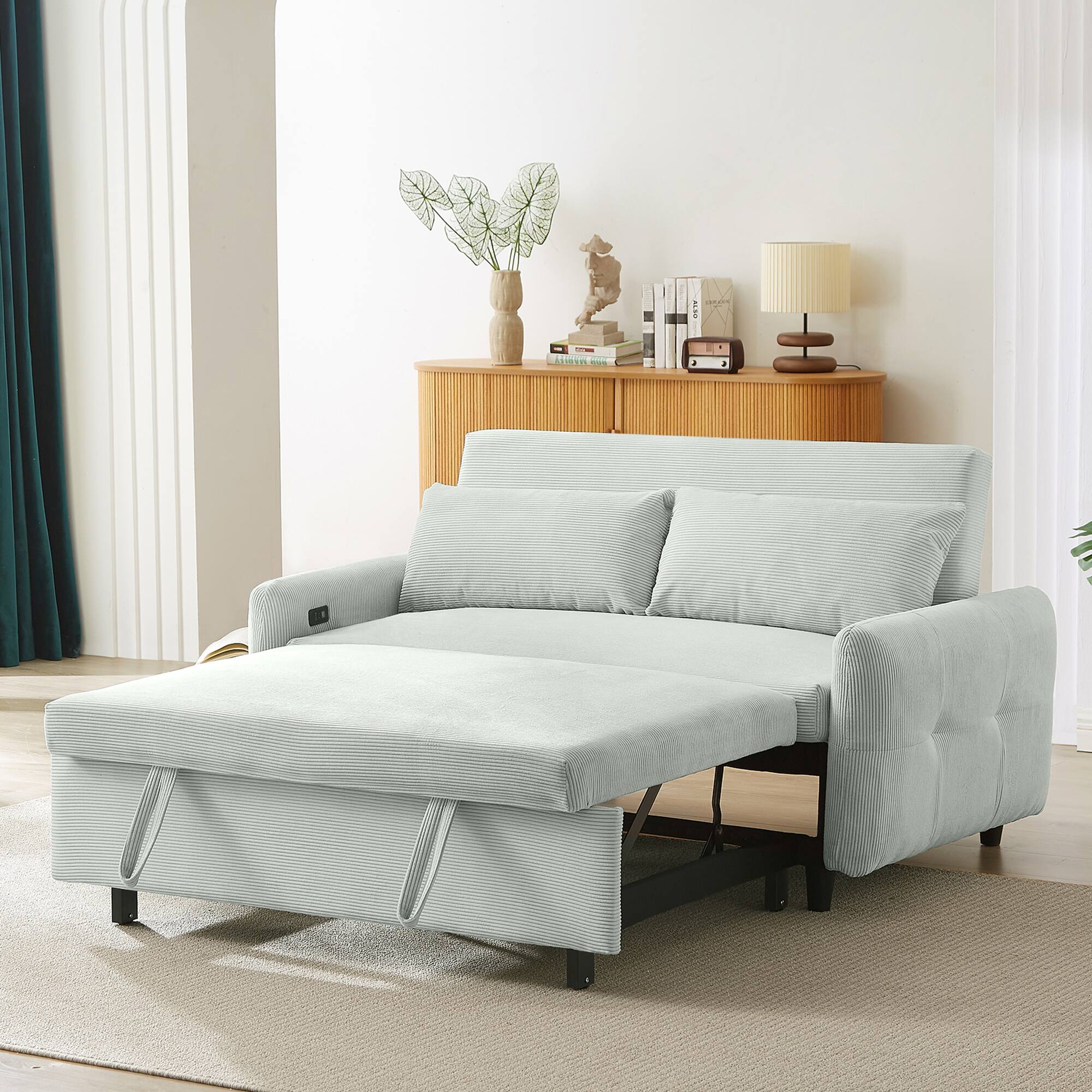 Alt View 7. Tiramisubest - 57.48" Modern Convertible Pull-out Sofa Bed with USB Ports and Two Throw Pillows for Living Room,Pale Green - Pale Green.