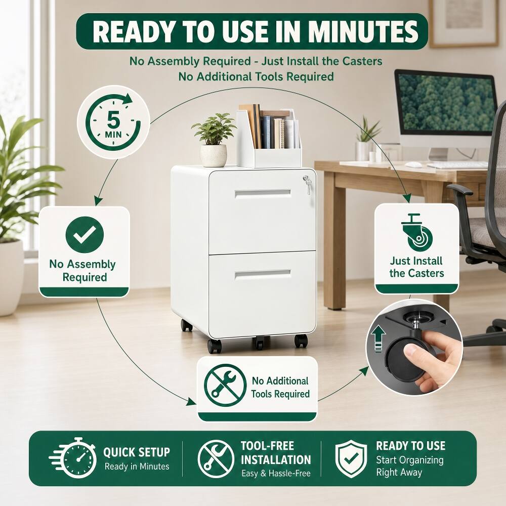 READY TO USE IN MINUTES  
No Assembly Required - Just Install the Casters  
No Additional Tools Required  

5 MIN  

No Assembly Required  
Just Install the Casters  
No Additional Tools Required  

QUICK SETUP  
Ready in Minutes  

TOOL-FREE INSTALLATION  
Easy & Hassle-Free  

READY TO USE  
Start Organizing Right Away