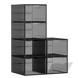 Songmics Home - Shoe Boxes, Clear Shoe Organizers, Set of 6, Plastic Shoe Storage with Clear Door, Easy Assembly, up to US Size 11 - Transparent Black
