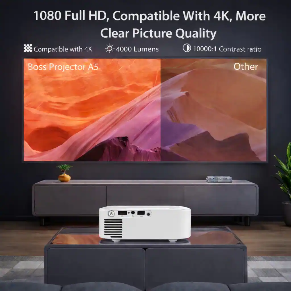 1080 Full HD, Compatible With 4K, More Clear Picture Quality  
Compatible with 4K  
4000 Lumens  
10000:1 Contrast Ratio  
Boss Projector A5  
Other