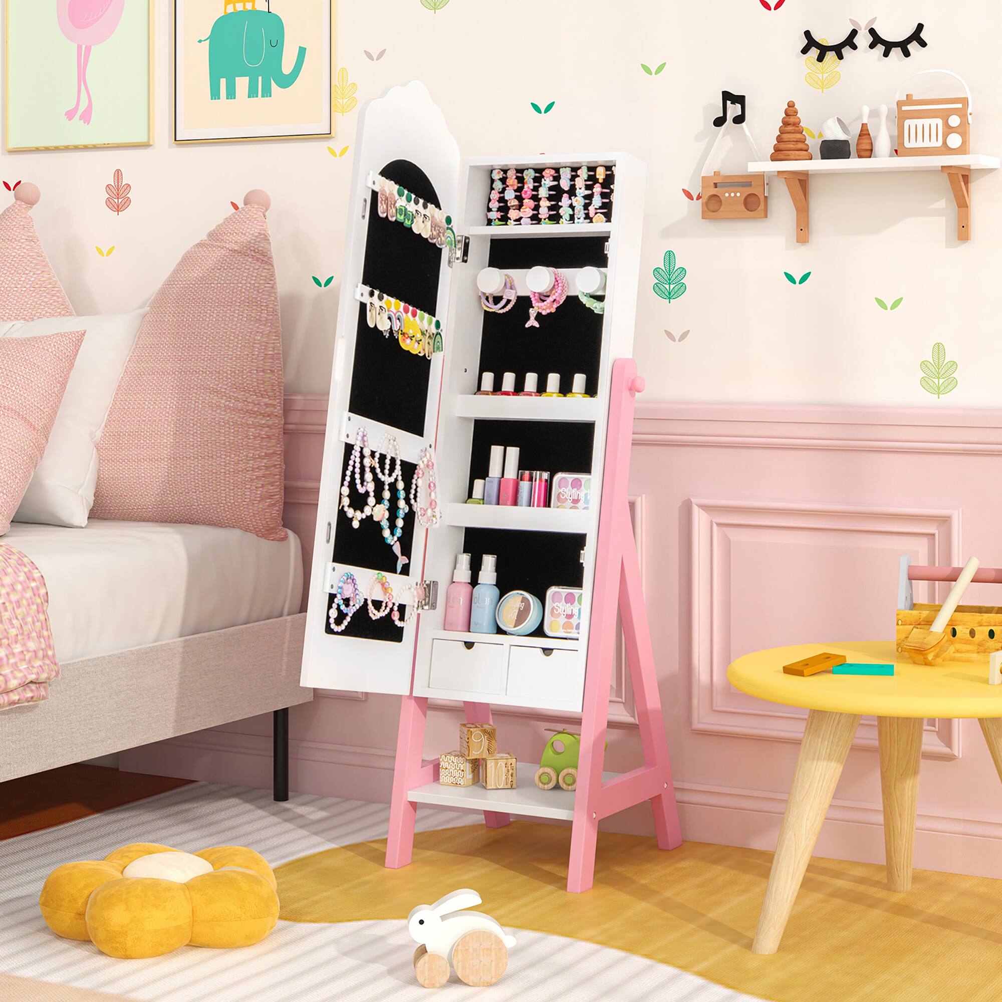 Alt View 1. Gymax - Gymax Kids Jewelry Cabinet Standing Children Jewelry Organizer w/ Full-Length Mirror - White.