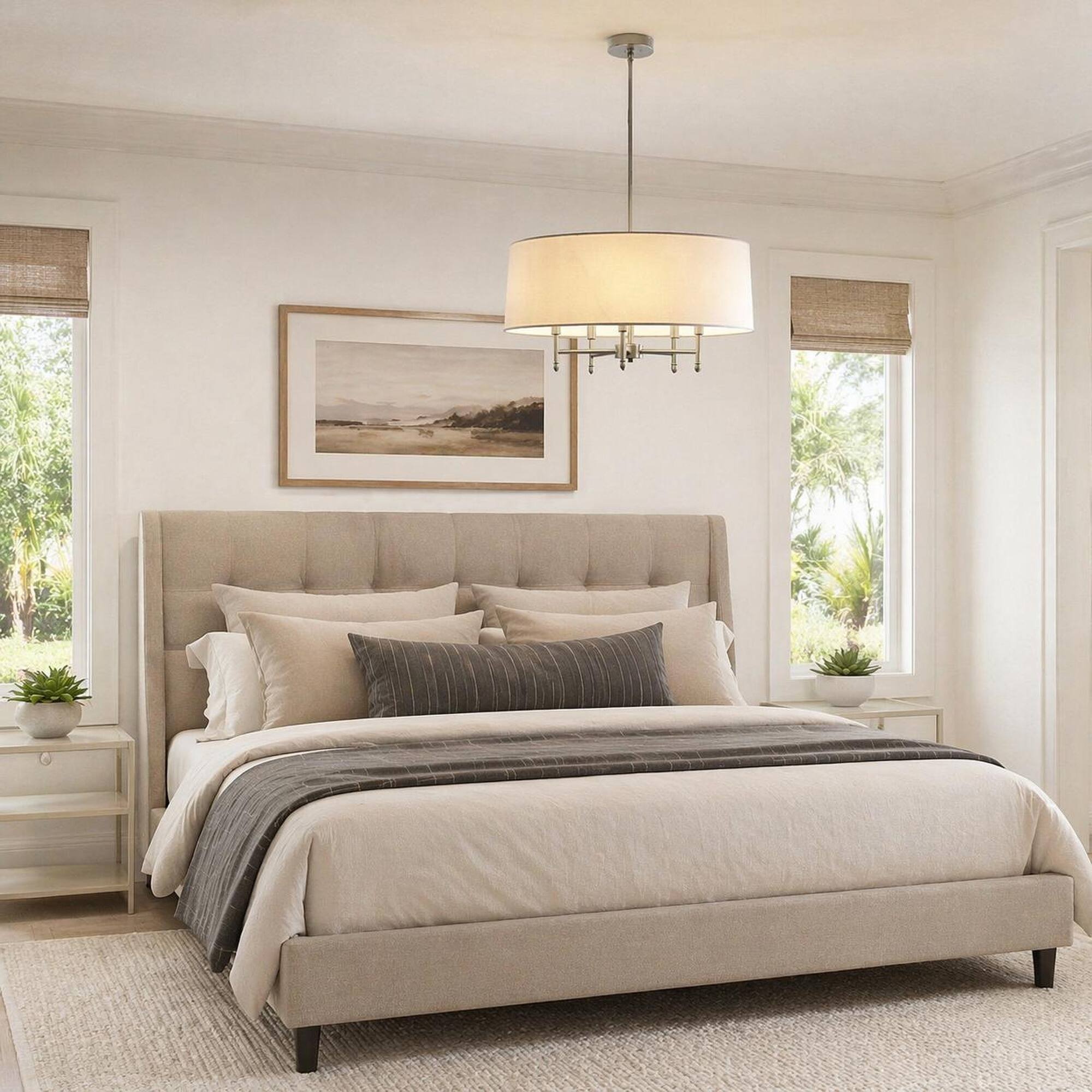 Left. RYHNUYNE - 5-Light Drum Pendant Light, Farmhouse Chandelier with White Linen Shade for Dining Room Kitchen Island - Silver.