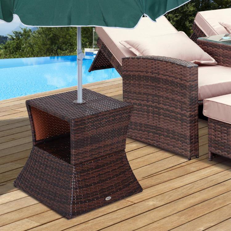 Alt View 2. PULUZ - Outdoor Side Table with Umbrella Hole, 2 Tier Rattan Wicker End Table with Storage Shelf, All Weather - Brown.