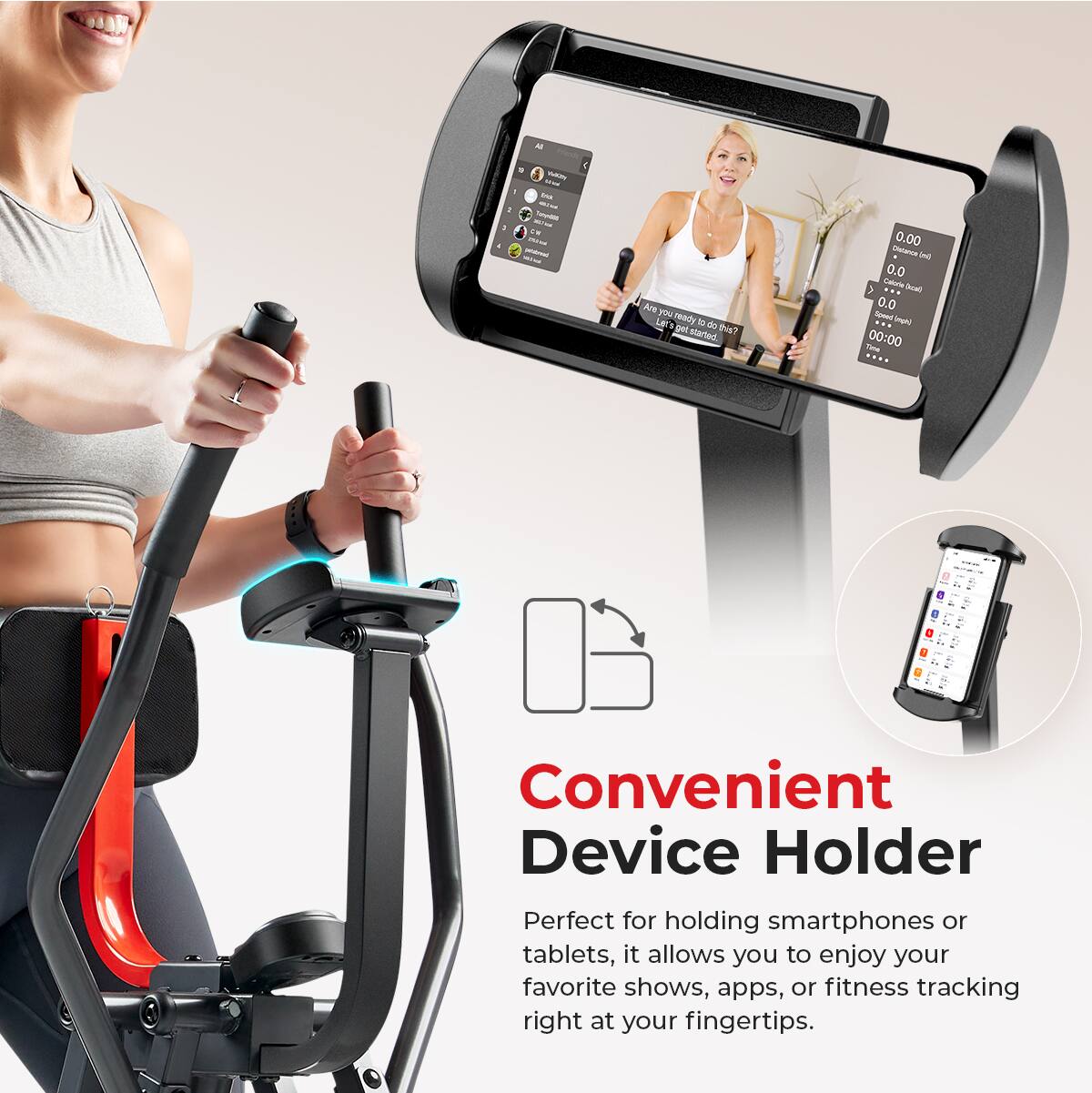 The text on the image is: 

"The ready to do the thing? Get started! 0.00 Done 0.0 Color 0.0 So ipt ... 00:00 Convenient Device Holder Perfect for holding smartphones or tablets, it allows you to enjoy your favorite shows, apps, or fitness tracking right at your fingertips."