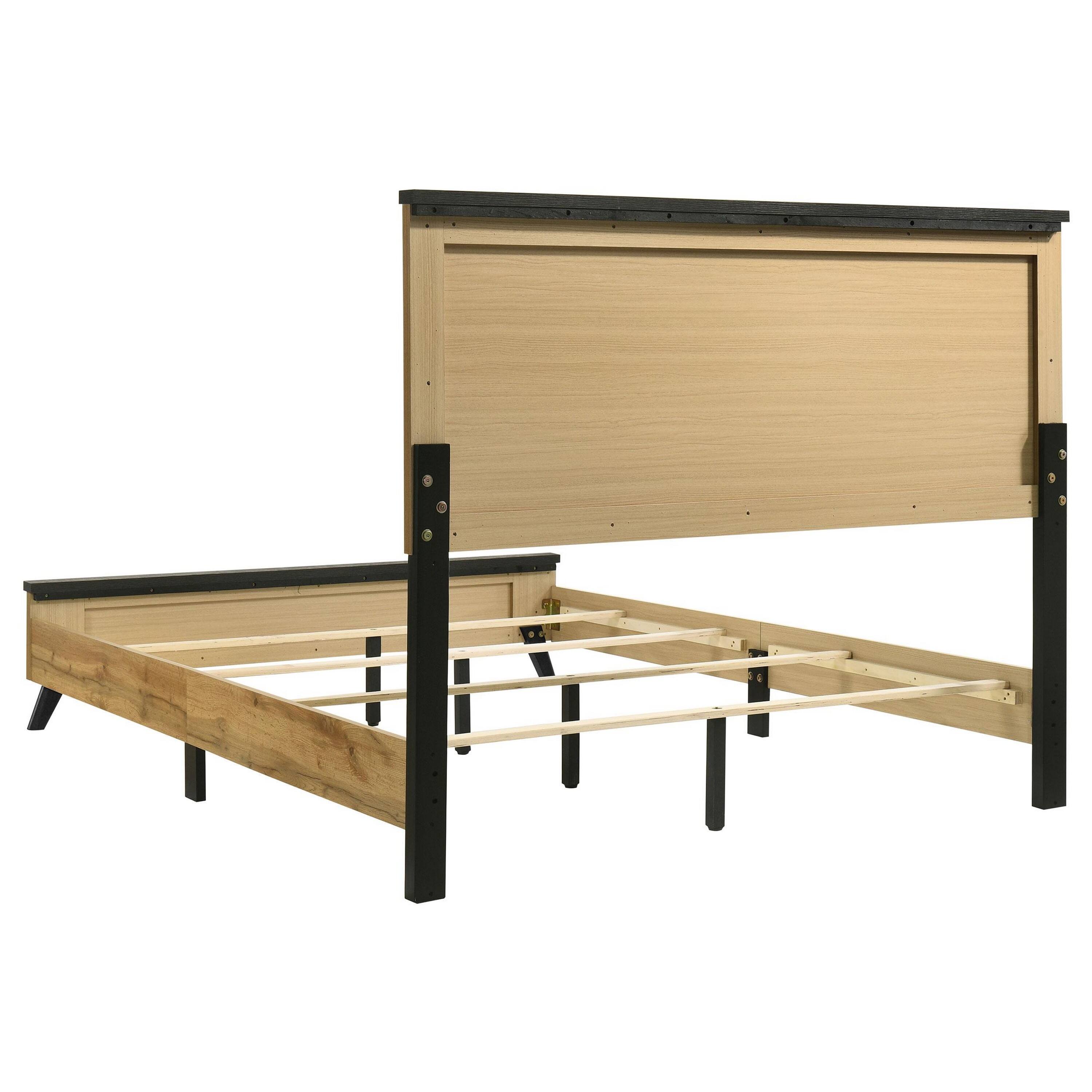Alt View 2. Manhattan Lane - Wemy King Size Bed, Tall Panel Headboard, Natural Brown Pine Finish - Brown, Black.
