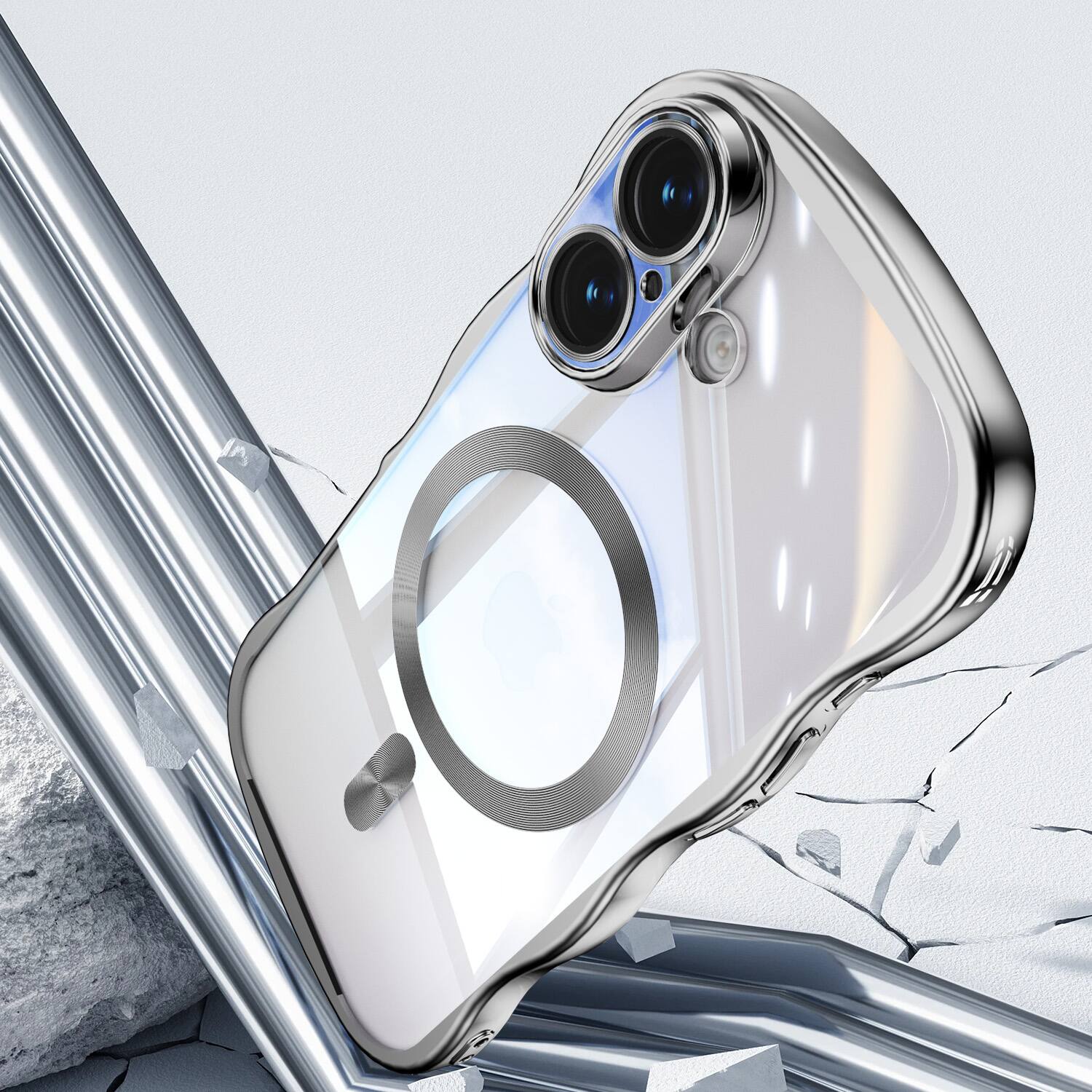 Alt View 1. Dteck - Magnetic Case For iPhone 17 With Built-in Lens Protector Shockproof Plating Curly Wavy Frame Clear Back Cover - Silver.