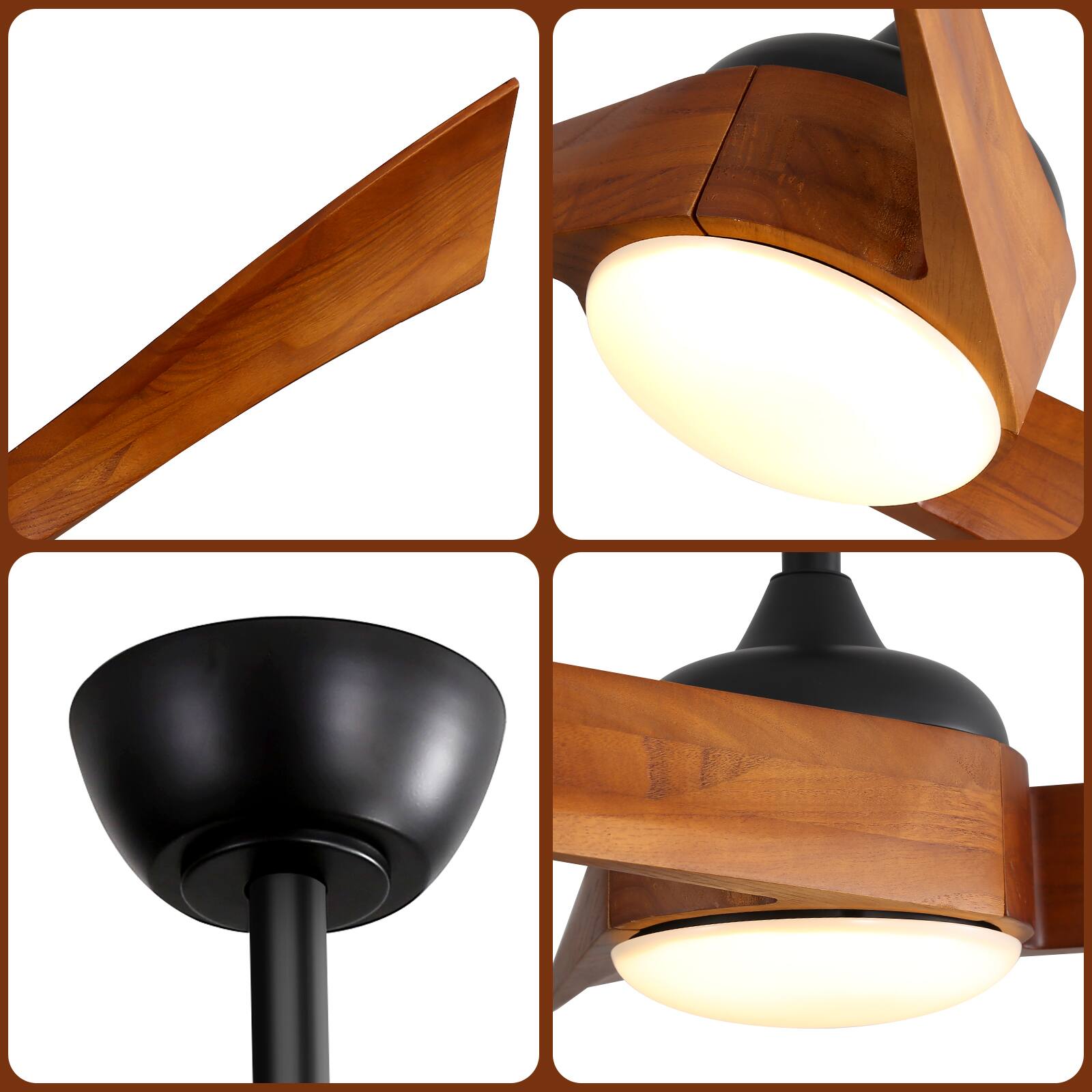 Back. Sofucor - 52'' Modern Propeller Ceiling Fan Light Kit With Remote Solid Wood Blades Dimmable 3-Color LED Timer & Quiet Reversible - Black.