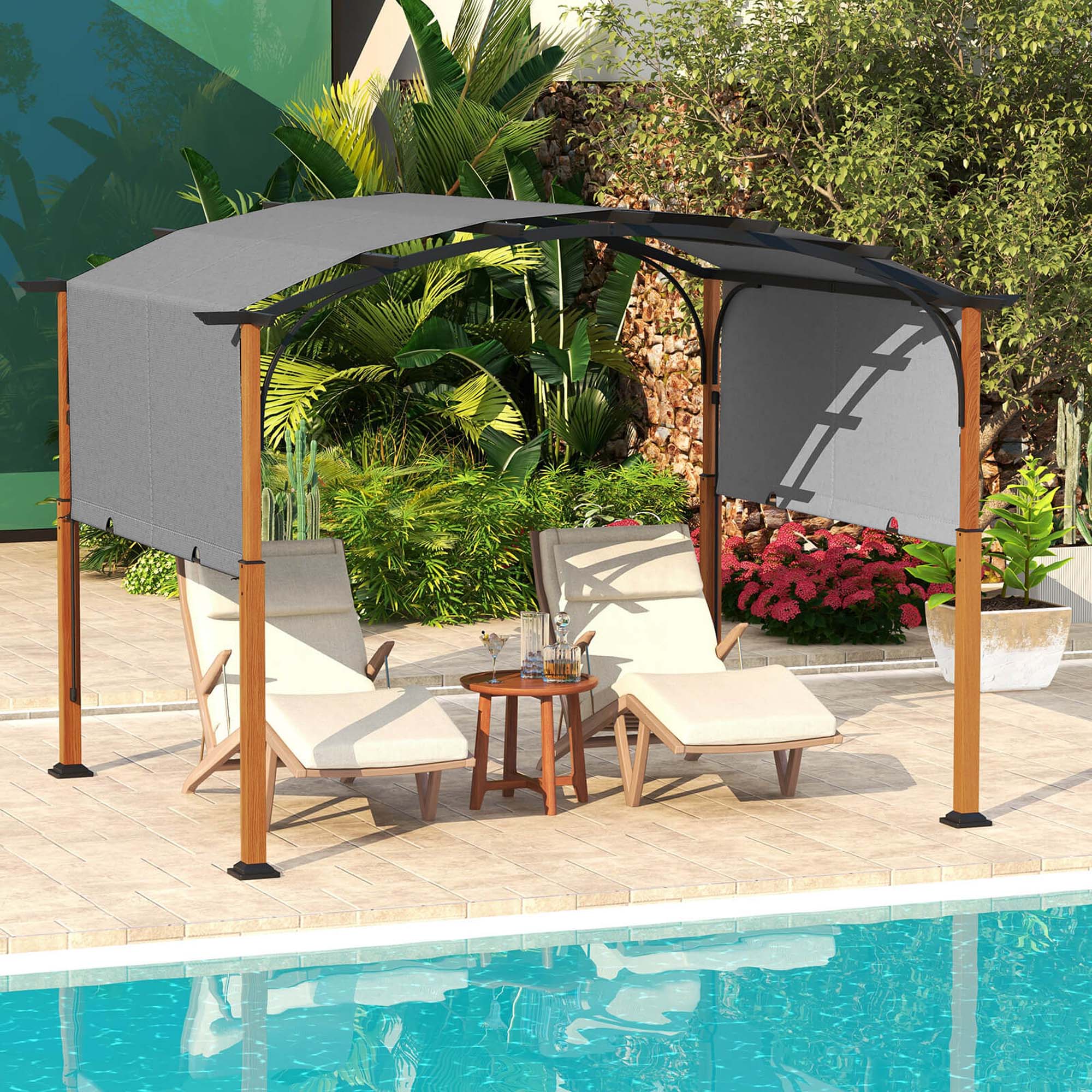 Alt View 4. Costway - Costway 10 x 12 FT Outdoor Retractable Pergola with Retractable Canopy Wood Looking Posts - Gray.
