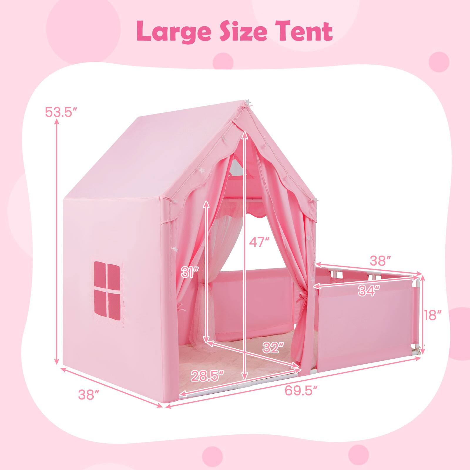Large Size Tent  
53.5" x 31" x 47" x 38" x 34" x 18" x 32" x 28.5" x 69.5"