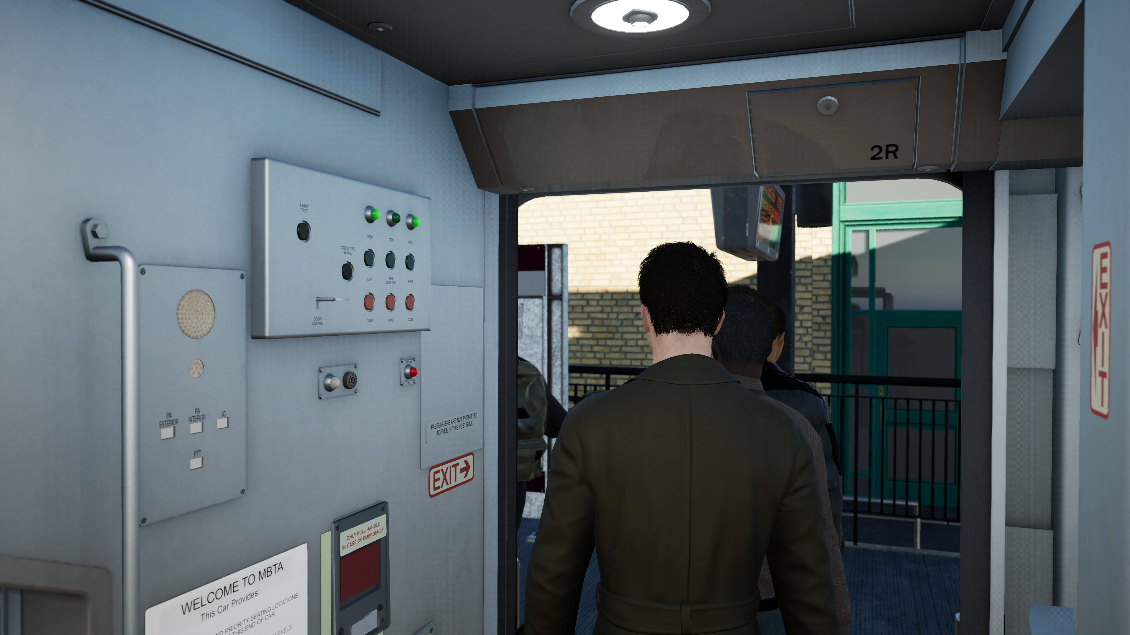 The text on the image reads: "Welcome to MBTA. This car provides seating at various locations. Priority seating for the elderly and people with disabilities. Exit to MBTA. Please be mindful of your belongings."