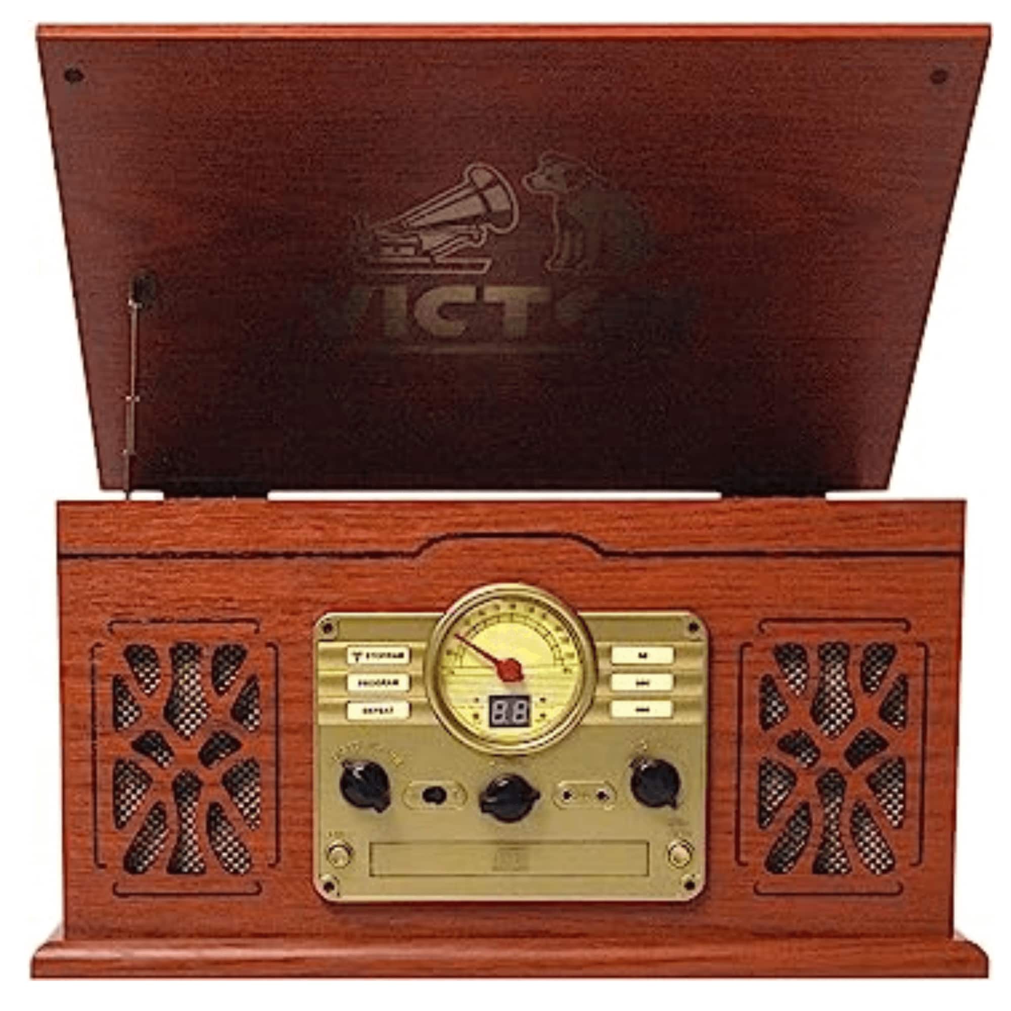 Victor Audio - State 7-in-1 Wood Music Center with 3-Speed Turntable and Dual Bluetooth - Mahogany