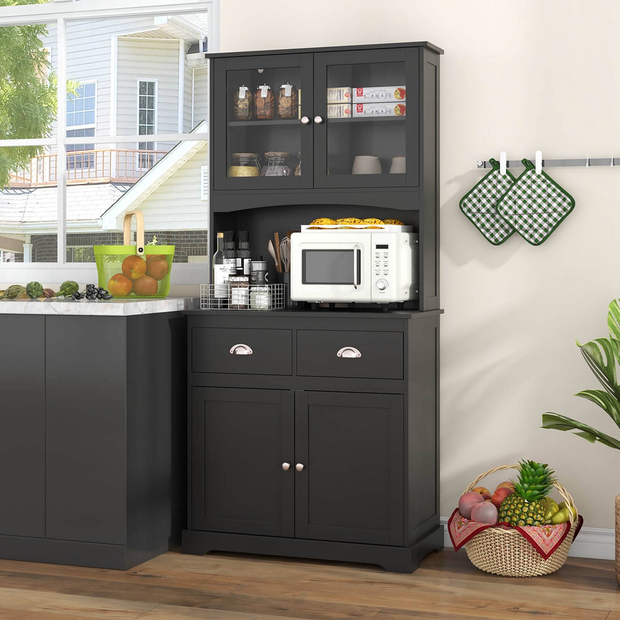 Alt View 2. Costway - 67" Kitchen Buffet Freestanding Pantry Cabinet Sideboard with Tempered Glass Doors - Black.