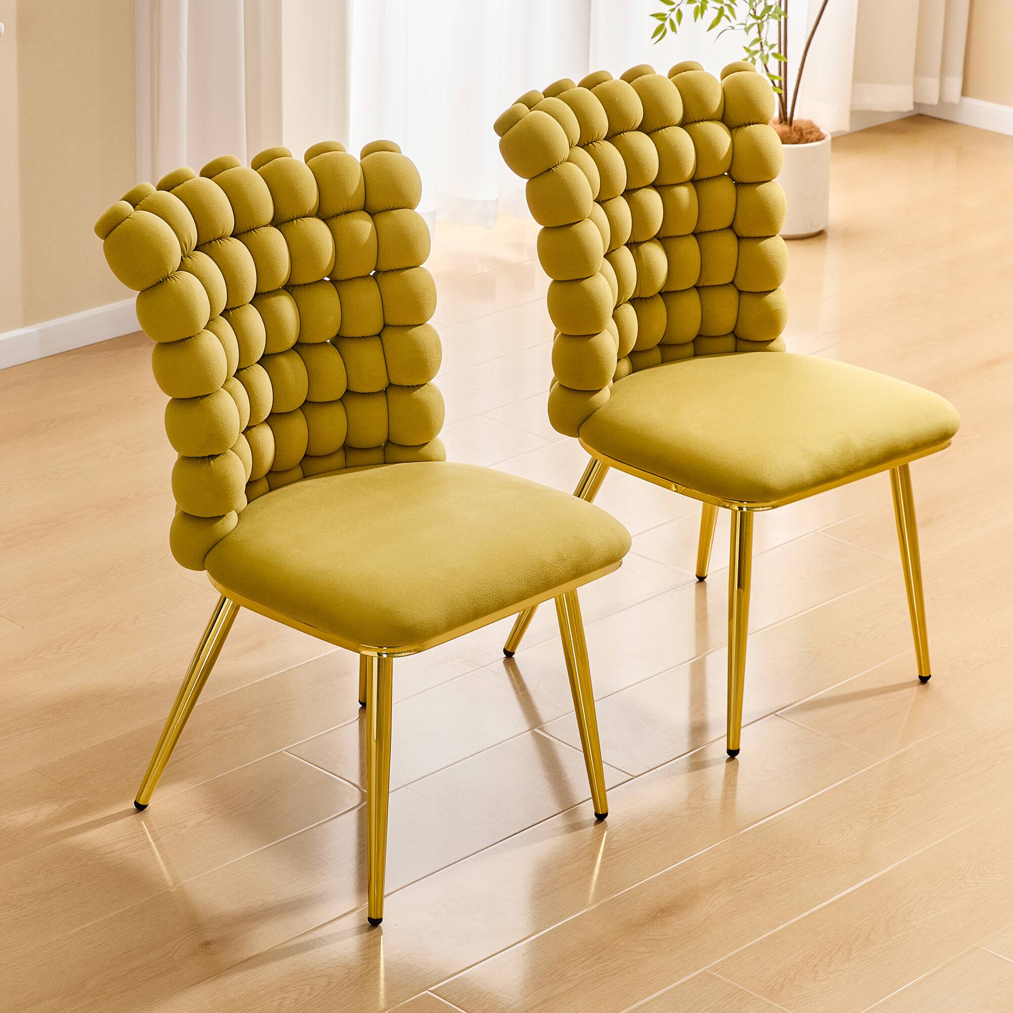 Angle. Loheer - Loheer Accent Dining Chair Tufted Upholstered Vanity Chair with Gold Legs 1.6 ft - Gold,Yellow.