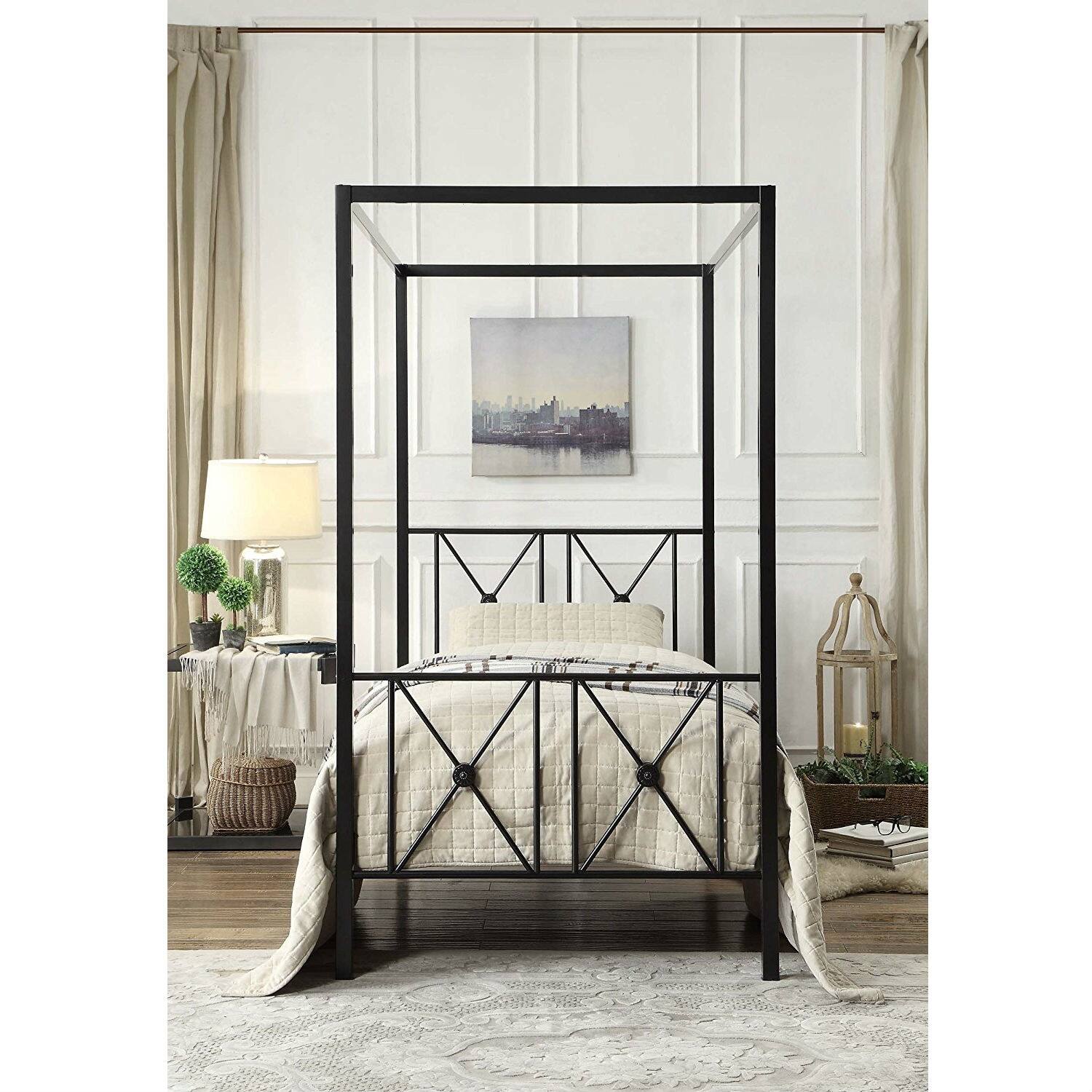 Left. Hivvago - Hivvago Twin size Metal Canopy Bed Frame with Medallion Accents - Black.