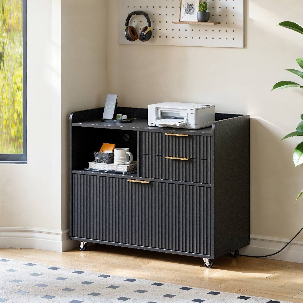 Angle. Loheer - Loheer Mobile File Cabinet with Charging Station, 3 Drawer Black Office Cabinet with Wheels.