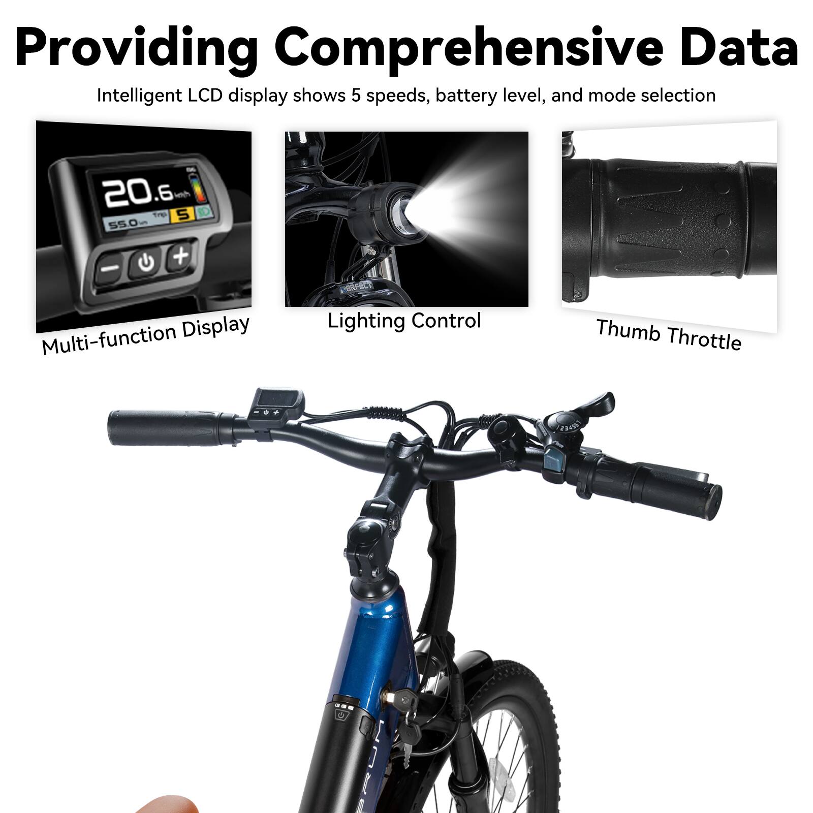 Providing Comprehensive Data  
Intelligent LCD display shows 5 speeds, battery level, and mode selection  

Multi-function Display  
Lighting Control  
Thumb Throttle