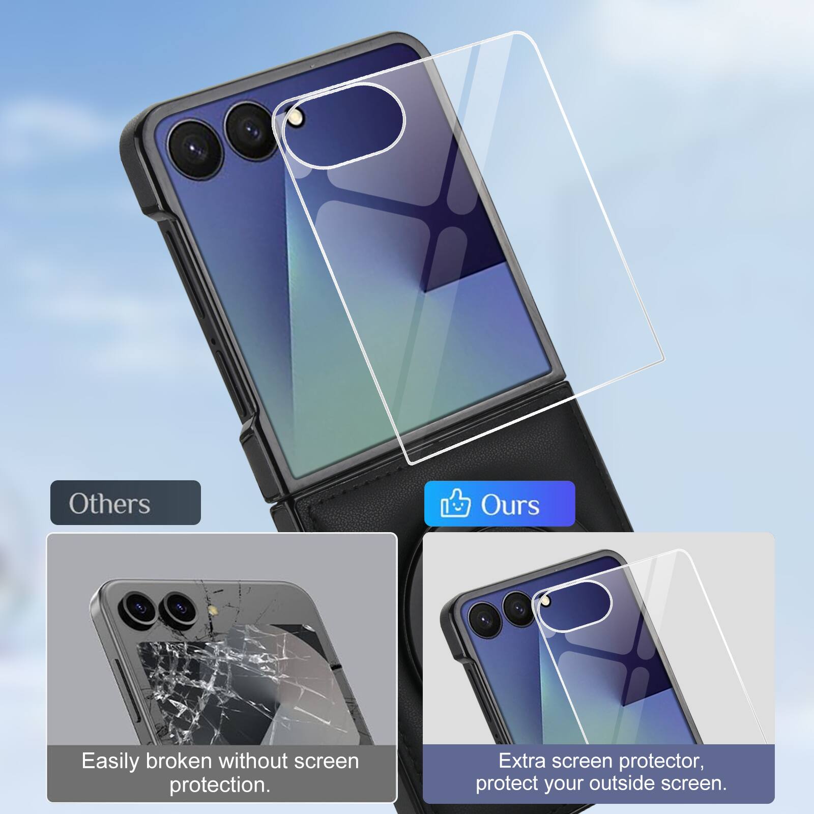Others: Easily broken without screen protection.

Ours: Extra screen protector, protect your outside screen.