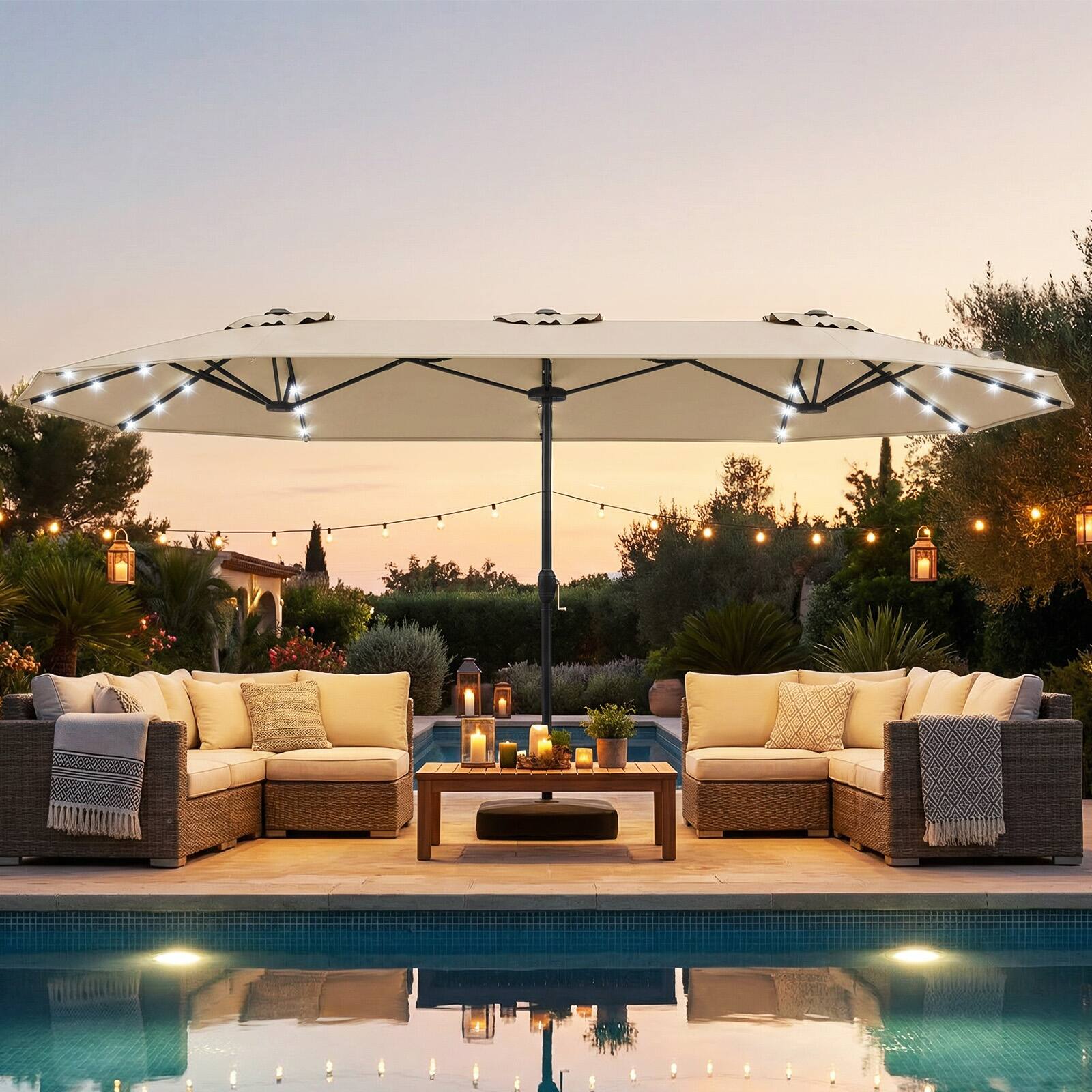 Alt View 1. Costway - Costway 13FT Double-sided Patio Umbrella with Solar Lights Crank Handle Umbrella Base - Beige.