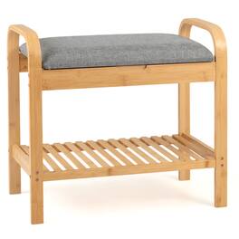 Gymax - Bamboo Shoe Rack Bench w/ Cushion Entryway Bench w/ Flip-Top Storage - Natural and Grey