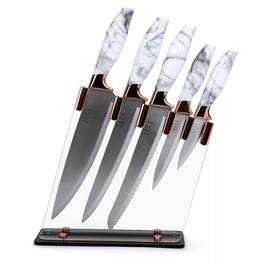 Elle Decor - 5-Piece Professional Kitchen Knife Set Marble Handle, Include Clear Block & Paring Knives - Rose Gold Accent