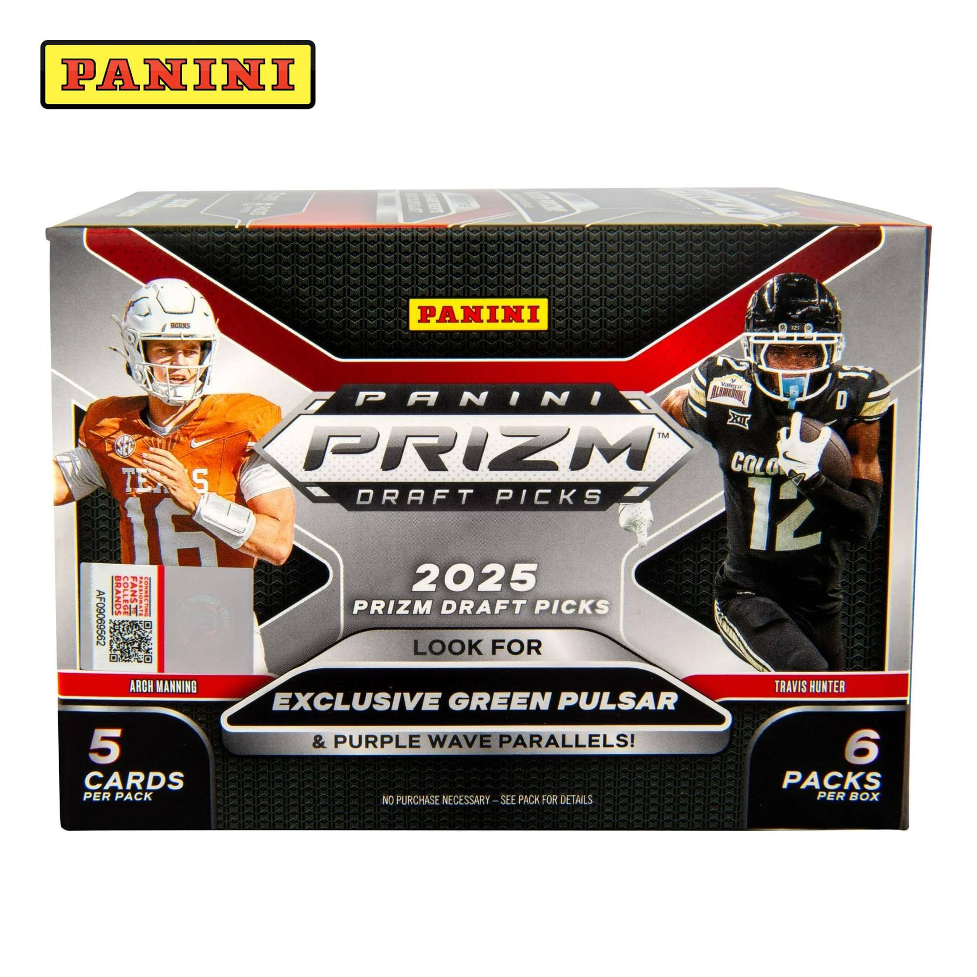PANINI PANINI PANINI BIRON D 2 M PRIZM COLO TE S DRAFT PICKS 16 12 2025 BRANDS FANST I PRIZM DRAFT PICKS AF09069562 LOOK FOR ARCH MANNING TRAVIS HUNTER EXCLUSIVE GREEN PULSAR 5 & PURPLE WAVE PARALLELS! 6 CARDS PACKS PER PACK NO PURCHASE NECESSARY-SEE PACK FOR DETAILS PER BOX
