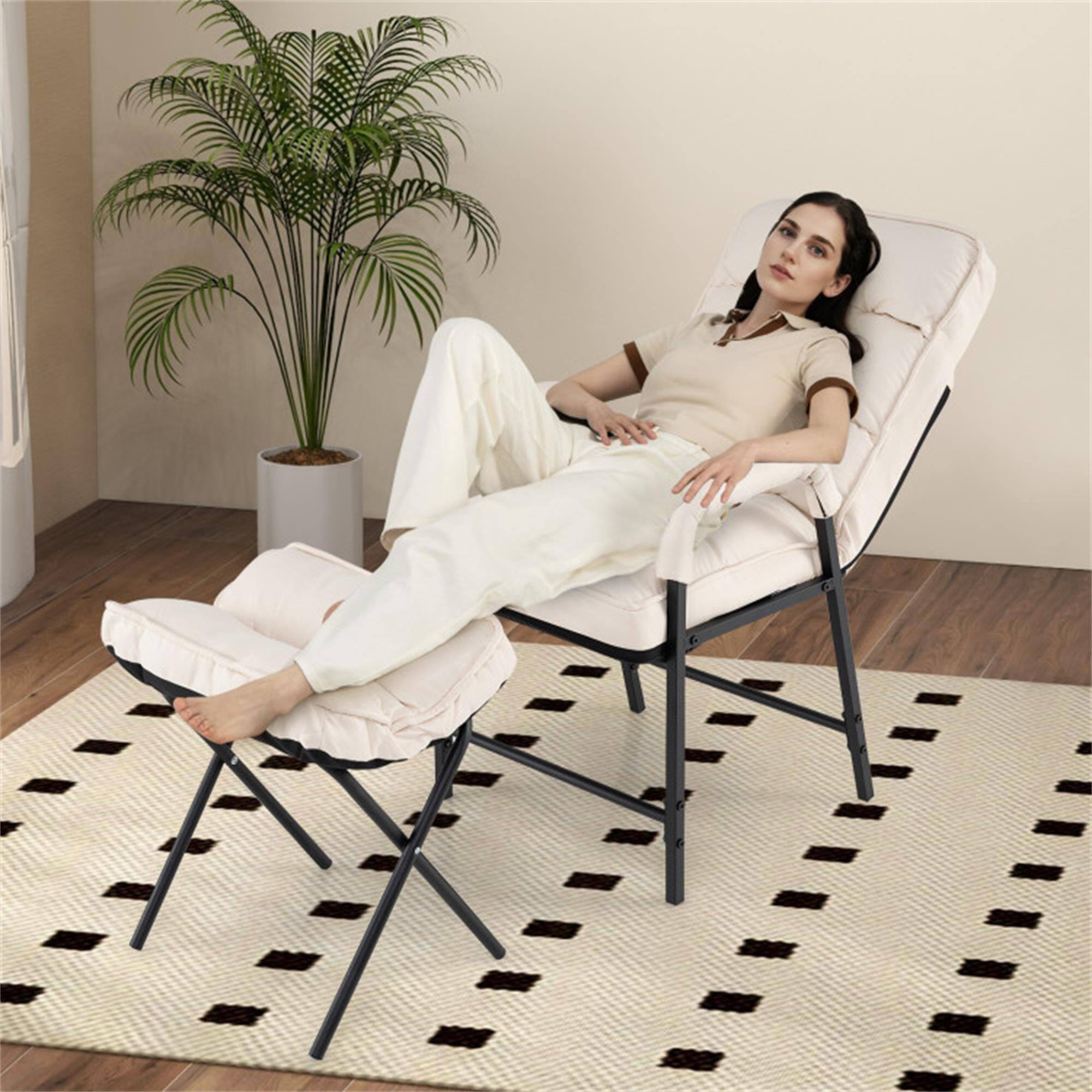 Back. Pefilos - Sofa Chair, Lounge Armchair Recliner, Linen Fabric Modern Accent Chair with Ottoman and Adjustable Backrest, for Living - Beige.