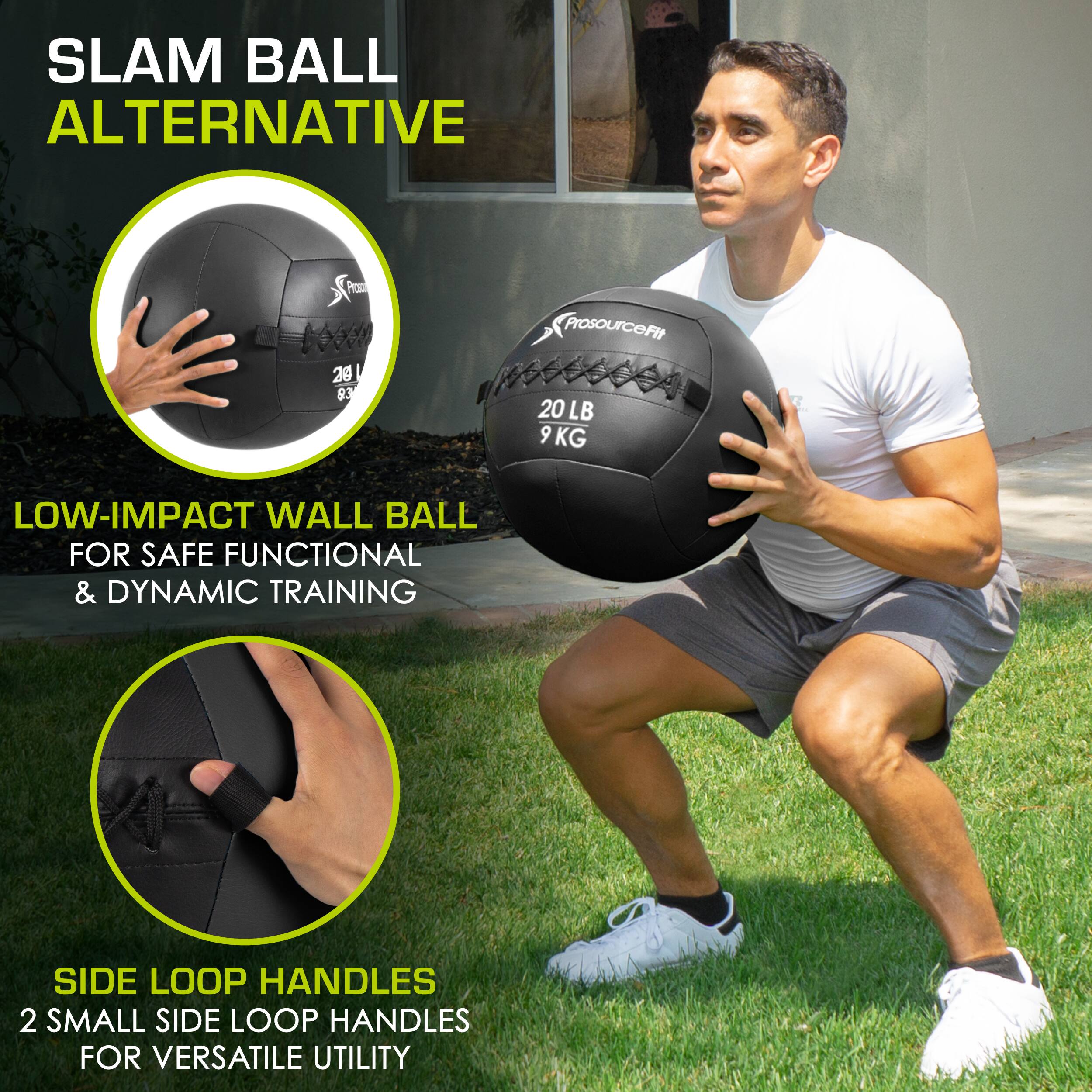 SLAM BALL ALTERNATIVE, 20 LB 9 KG, LOW-IMPACT WALL BALL FOR SAFE FUNCTIONAL & DYNAMIC TRAINING, SIDE LOOP HANDLES 2 SMALL SIDE LOOP HANDLES FOR VERSATILE UTILITY