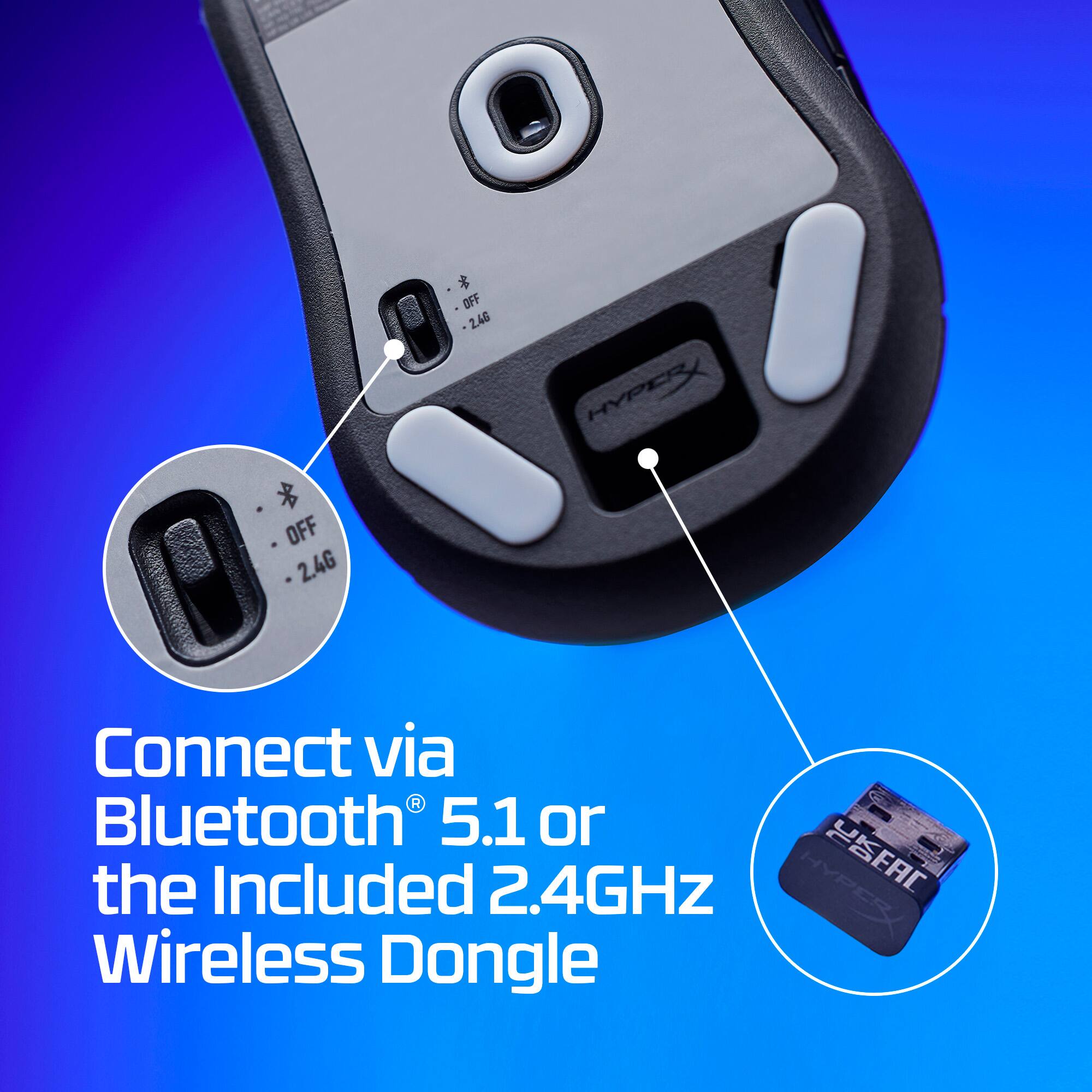Connect via Bluetooth 5.1 or the included 2.4GHz Hyper SC Wireless Dongle.