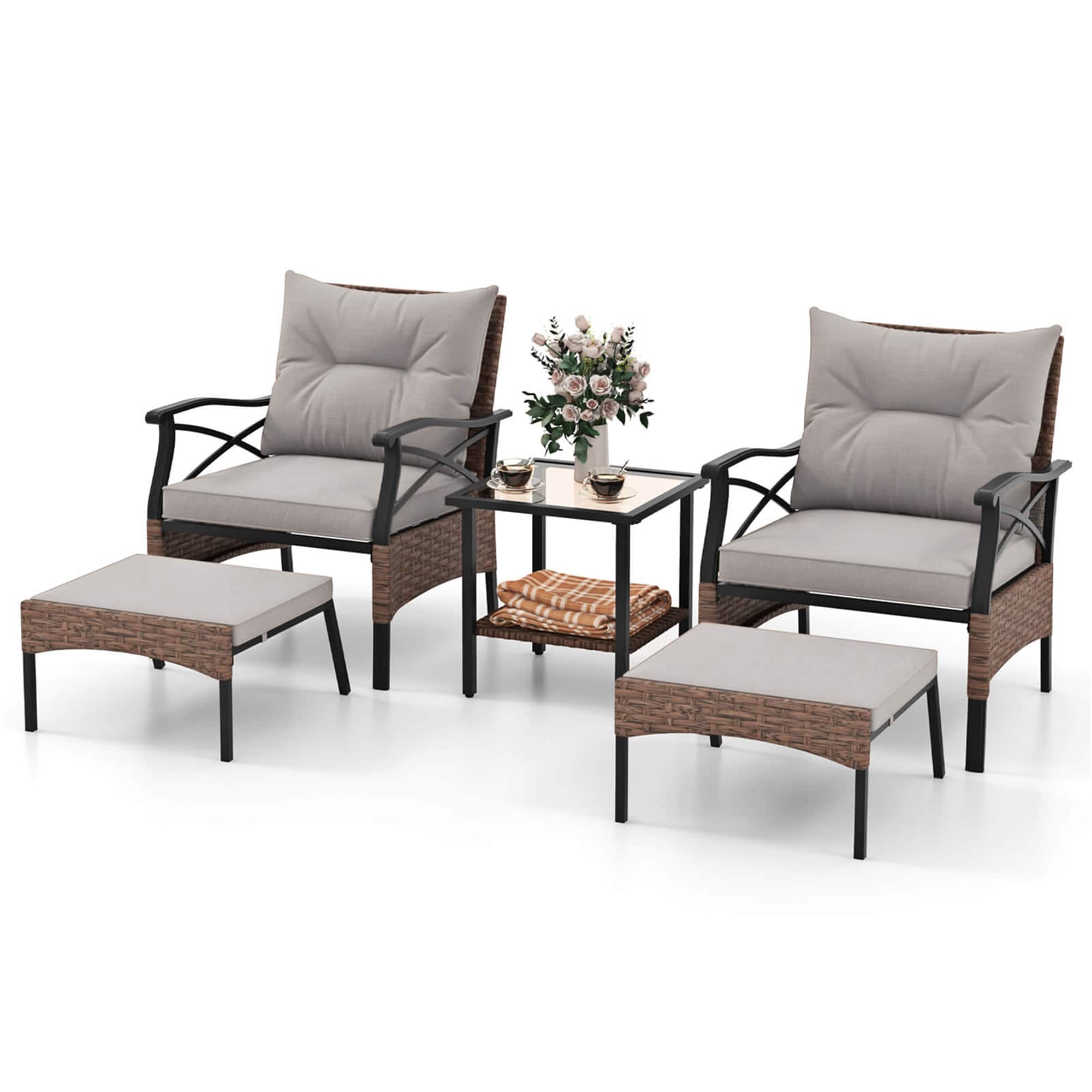 Front. Costway - 5 PCS Patio Furniture Set with 2-Tier Coffee Table & 2 Ottomans Cushions Included - Mix Brown + Grey.