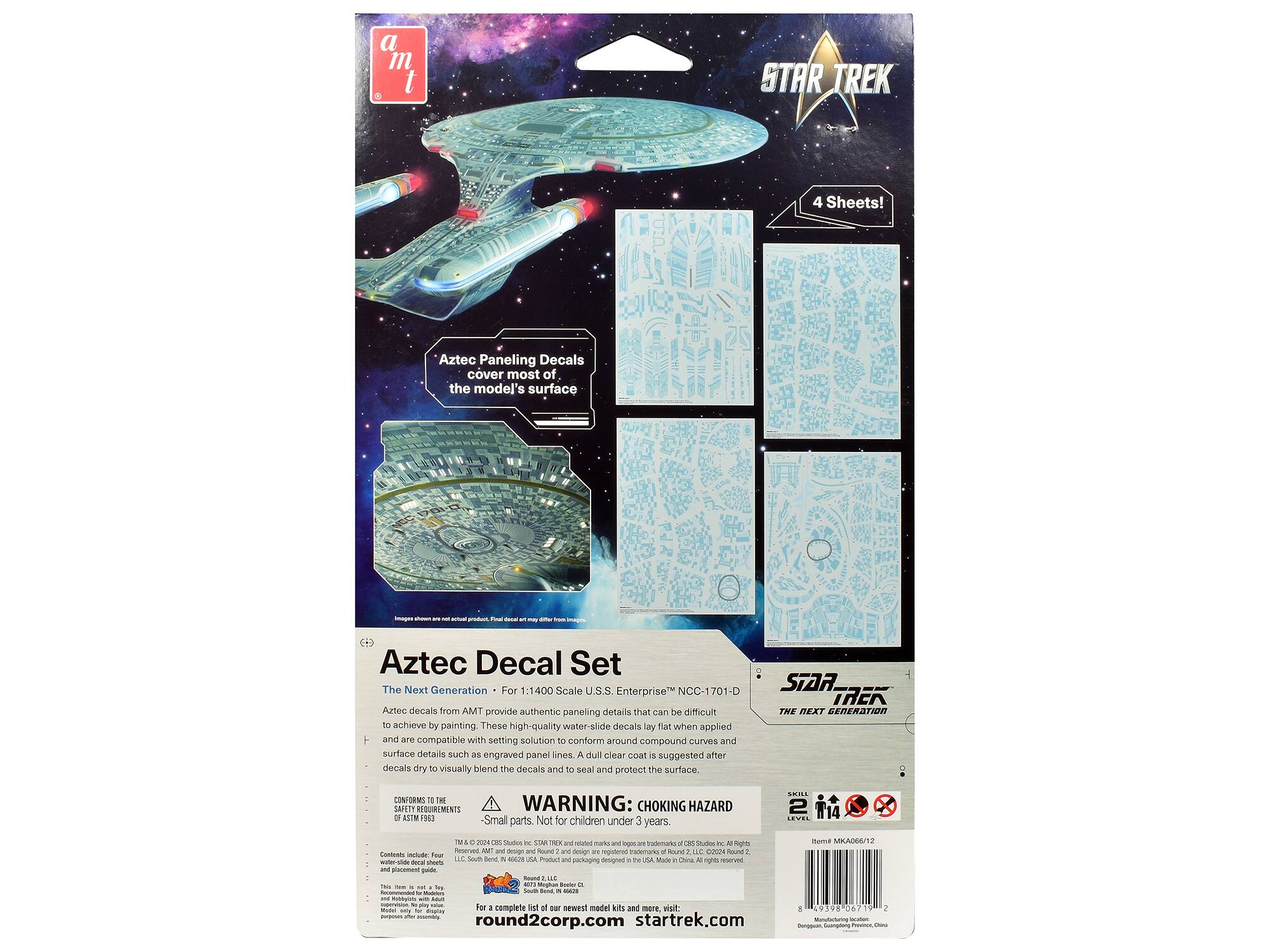 Sure, here is the corrected and grouped text from the image:

---

**STAR TREK**

**4 Sheets!**

**Aztec Paneling Decals**  
cover most of the model's surface

**Aztec Decal Set**  
The Next Generation  
For 1:1400 Scale U.S.S. Enterprise NCC-1701-D

Aztec decals from AMT provide authentic paneling details that can be difficult to achieve by painting. These high-quality water-slide decals lay flat when applied and are compatible with setting solution to conform around compound curves and surface details such as engraved panel lines. A dull clear coat is suggested after decals dry to visually blend the decals and to seal and protect the surface.

**WARNING: CHOKING HAZARD**  
Small parts. Not for children under 3 years.

**Contents include:**  
- 4 Sheets of Aztec Decals  
- Instructions

**CAUTION:**  
This item is not an actual product. Final decal art may differ from images.

**SAFETY REMINDERS:**  
- Small parts. Not for children under 3 years.

**For a complete list of our newest model kits and more, visit:**  
round2corp.com  
startrek.com

