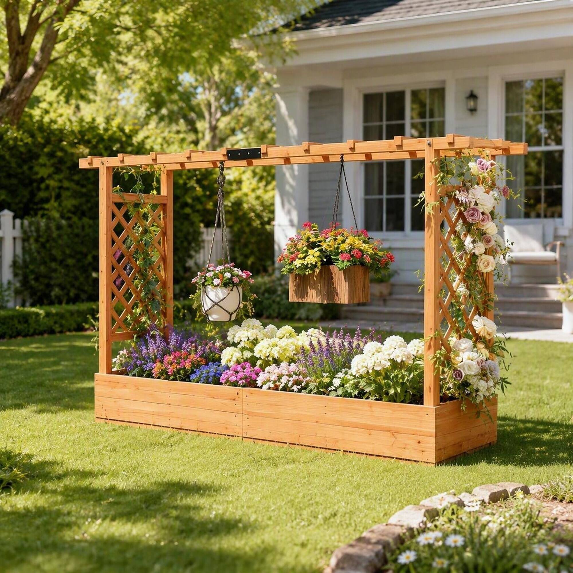 Angle. RYHNUYNE - Wooden Raised Garden Bed with Arched Trellis, Fir Wood Planter Box for Climbing Plants, Large 68.9x15.4 Inch - Natural Wood.