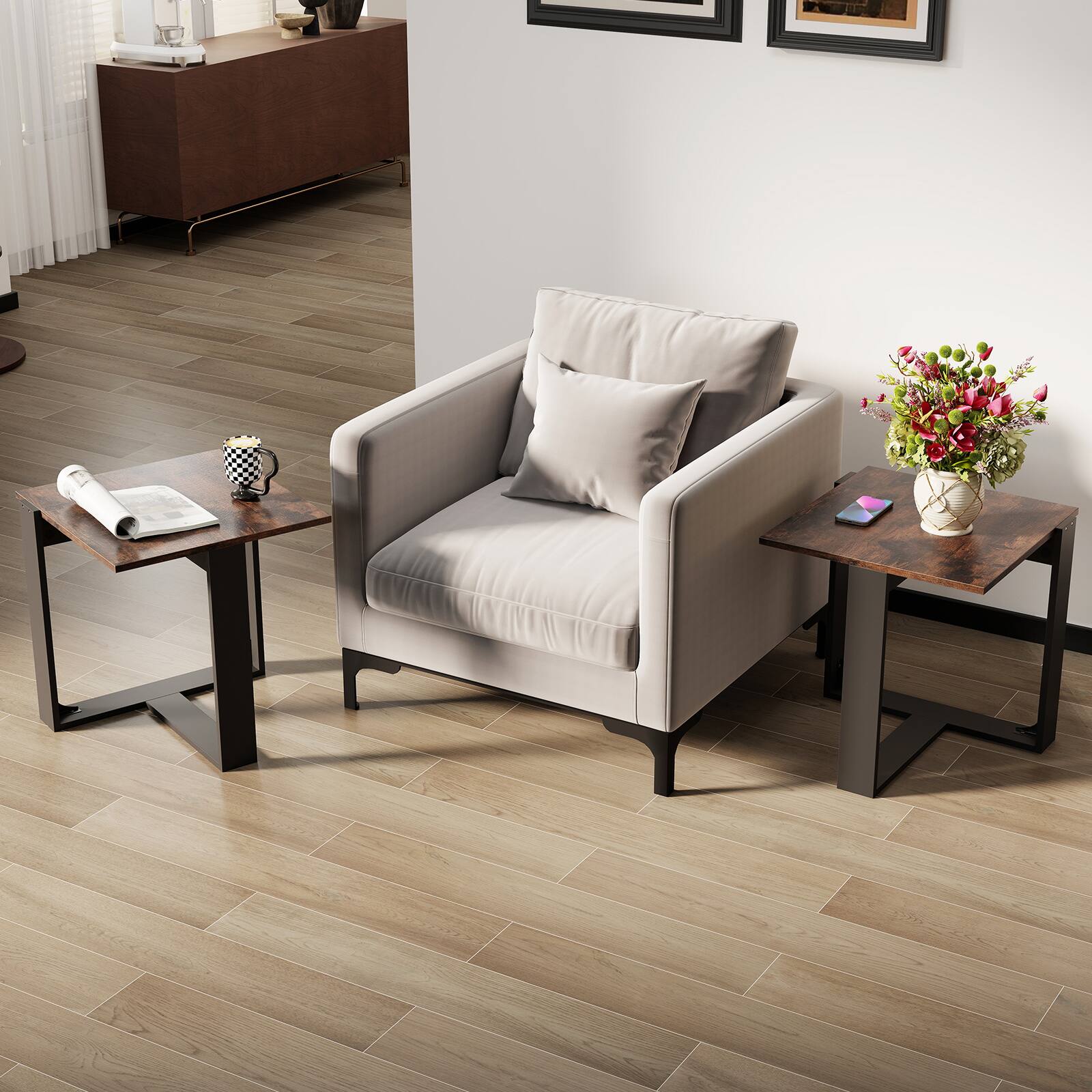 Alt View 5. Gymax - Gymax End Table Industrial Sofa Side Table w/ Metal Frame for Small SpaceBedroom - Brown.