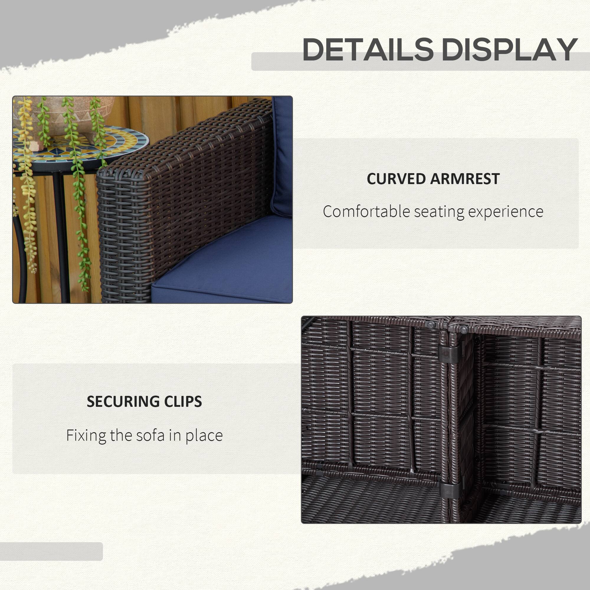 DETAILS DISPLAY

CURVED ARMREST  
Comfortable seating experience

SECURING CLIPS  
Fixing the sofa in place