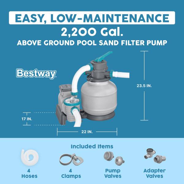 EASY, LOW-MAINTENANCE 2,200 Gal. ABOVE GROUND POOL SAND FILTER PUMP

Bestway

23.5 IN. 17 IN. 22 IN.

Included Items

4 Hoses

4 Clamps

Pump Valves

Adapter Valves