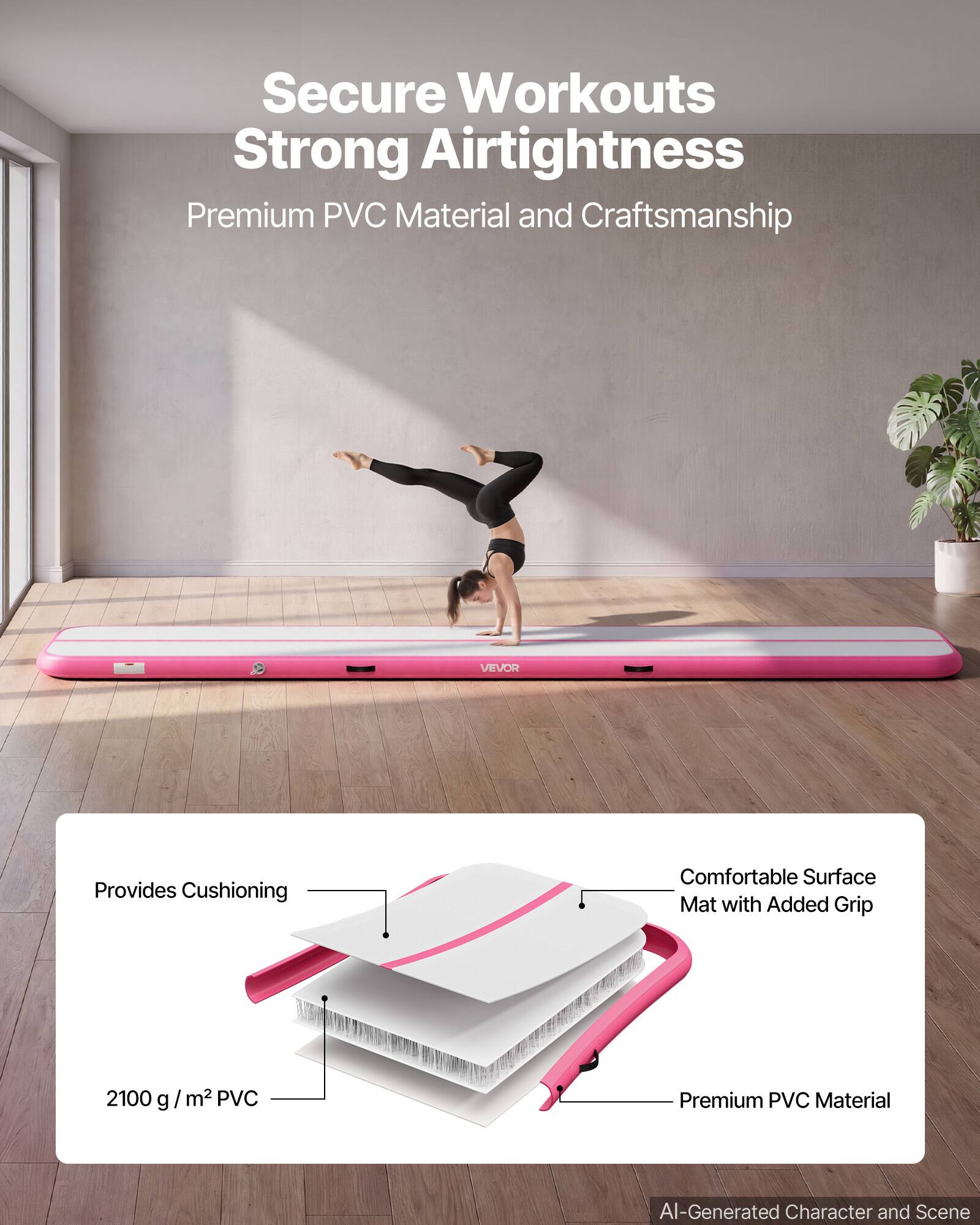 Secure Workouts Strong Airtightness  
Premium PVC Material and Craftsmanship  
VEVOR Provides Cushioning  
Comfortable Surface Mat with Added Grip  
2100 g / m² PVC  
Premium PVC Material  
AI-Generated Character and Scene