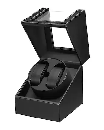 Front. Unique Bargains - Watch Winder for Automatic Watches, Double Watch Winder Box with 2 Slots, Quiet Japanese Motor - Black PU Leather.