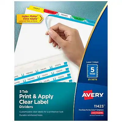 PROFIT Index Maker Easy Apply Label Alt Taba at Once
SHARE TRENDS SALES COSTS
Laser Inkjet
5 TABS 25 SETS
5 Tab Print & Apply Clear Label Dividers
Customizable clear labels for a printed-on look
Durable reinforced holes
AVERY 11423
Free Easy-to-Use Avery Templates
www.avery.com/templates