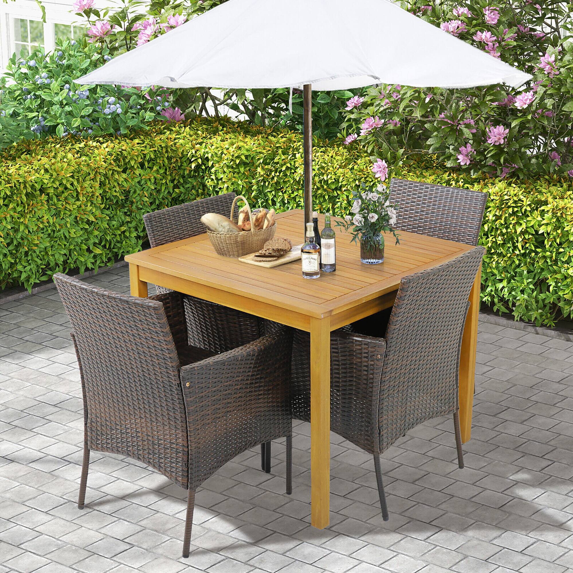 Alt View 1. Gymax - Gymax 5 PCS Patio Dining Set Acacia Wood Table w/ 1.9'' Umbrella Hole Cushioned Chairs - Natural, Mix Brown, White.