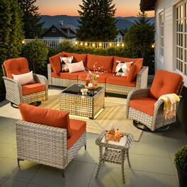Ovios - 8 PCS Sectional Patio Furniture, Comfy Cushioned Sofa with Swivel Chairs & Coffee Table - Orange Red