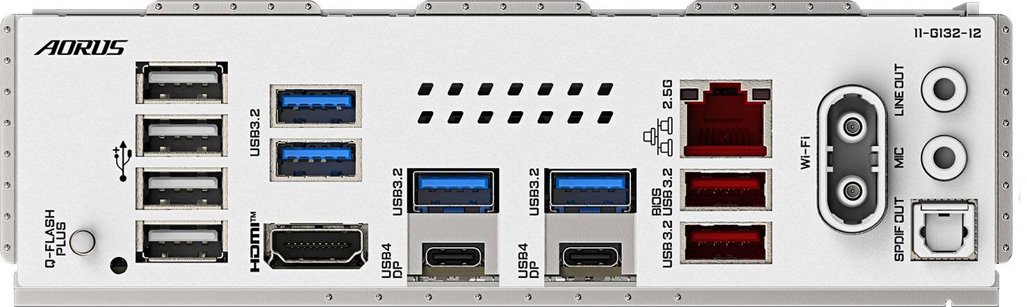 Aorus Q-Flash Plus USB3.2 HOMI USB3.2 USB4 DP USB3.2 USB4 DP 2.5G BIOS USB3.2 3.2 USB Wi-Fi 11-G132-12 OUT LINE MIC OUT SPDIF