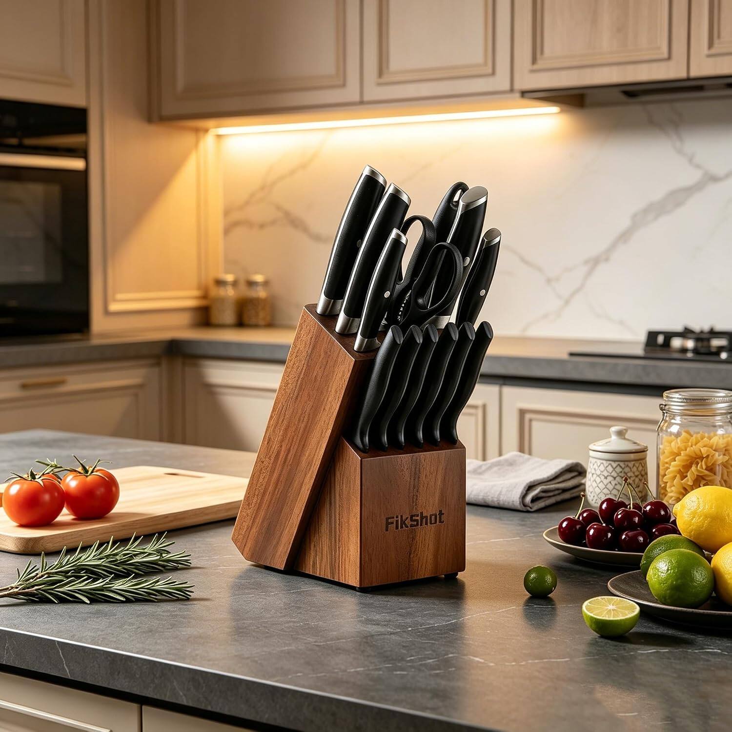 Angle. Livingo - 14-Piece Professional Kitchen Black Knife Set with Block.