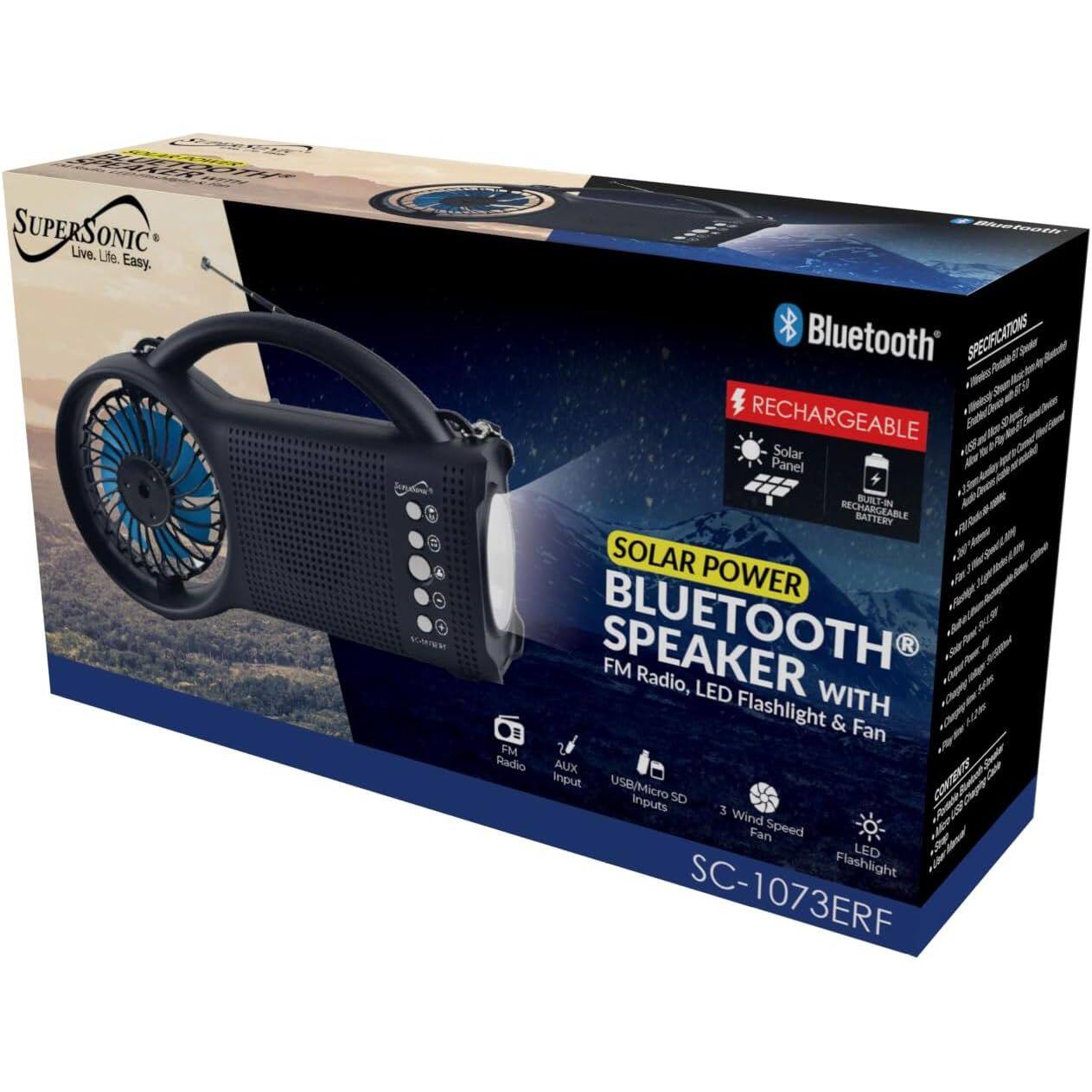 SUPERSONIC Live. Life. Easy.  
- Bluetooth  
SPEOFICATIONS  
- RECHARGEABLE Solar Panel  
- RECHARGEABLE BATTERY  
- SOLAR POWER BLUETOOTH SPEAKER  
- FM Radio, LED Flashlight WITH & Fan  
- FM Radio  
- AUX input  
- USB/Micro SD Inputs  
- 3 Wind Fan Speed  
- LED Flashlight  
- SC-1073ERF
